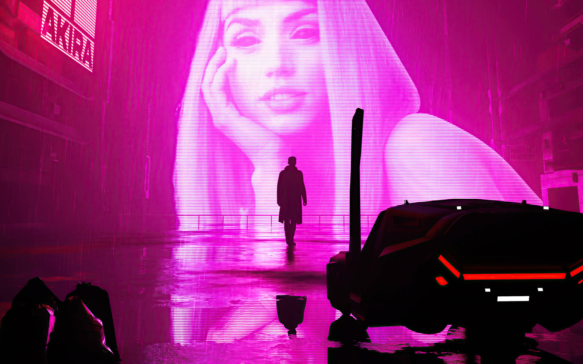 一個人在雨中的霓虹燈 cyberpunk 城市街道上行走的剪影。 — 銀翼殺手2049 壁紙