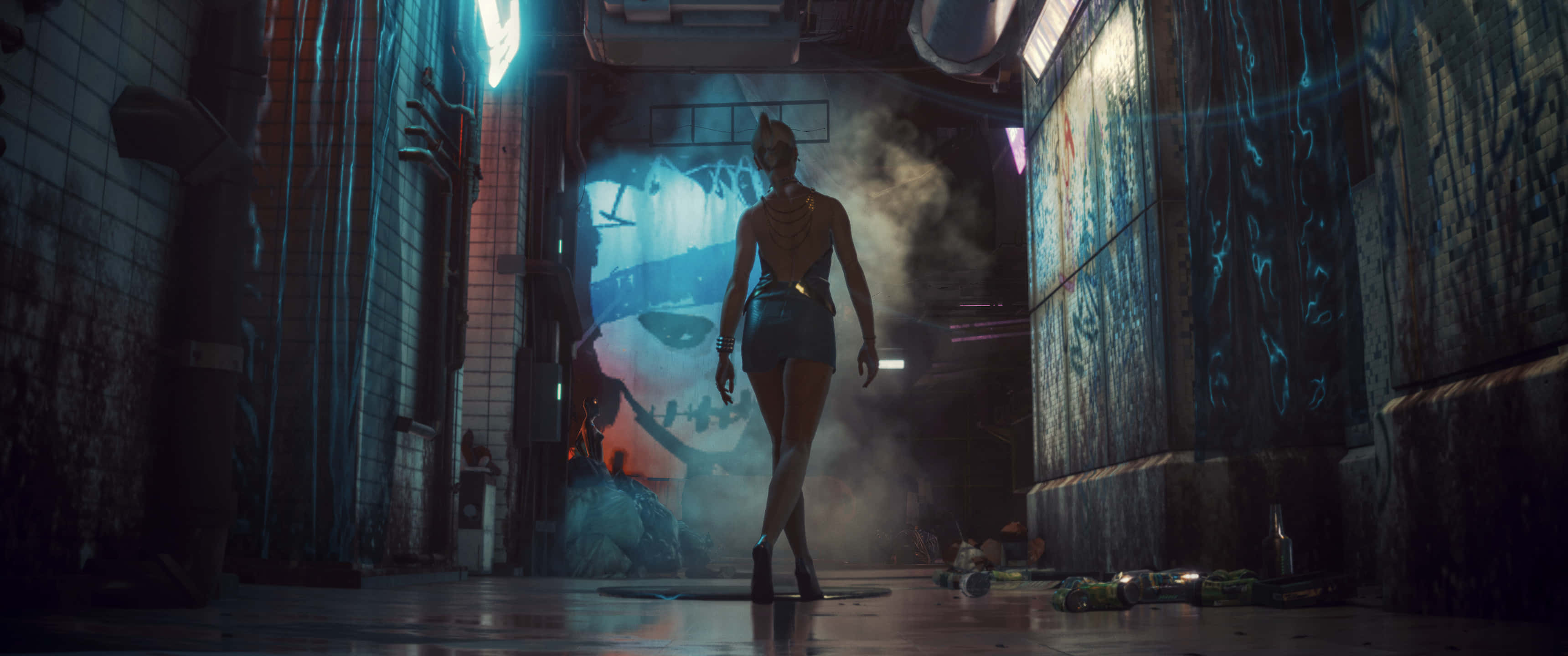 桌布 壁紙 — 一個孤獨的身影走過一條充滿霓虹燈光、煙霧瀰漫的 cyberpunk 小巷，牆上佈滿塗鴉，招牌閃爍發光。