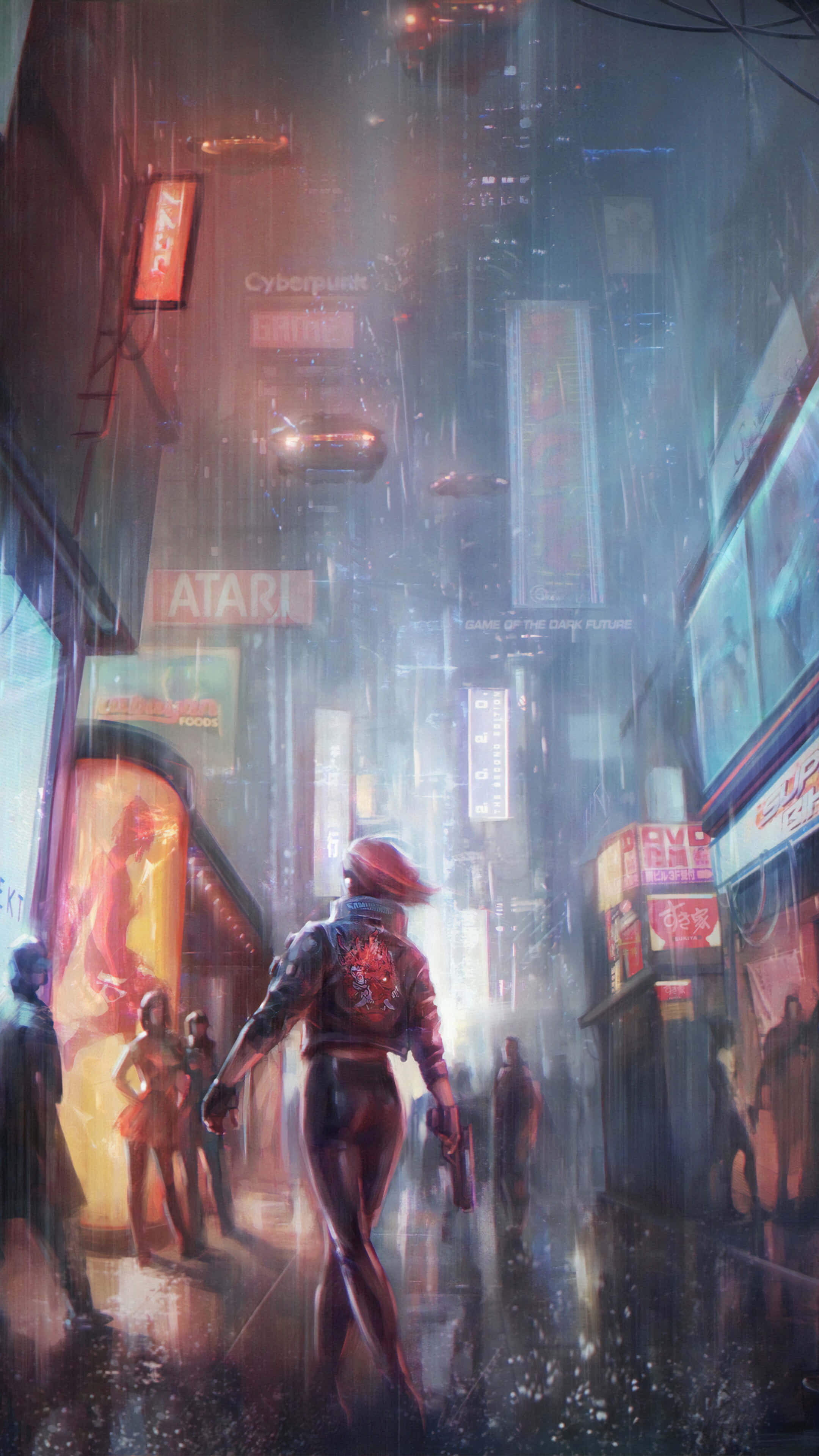 Pixel 3 Cyberpunk 2077 桌布 壁紙 — 一個孤獨的身影走過一條被霓虹燈浸透、雨水淋濕的賽博朋克小巷，頭頂是高聳的發光廣告牌。