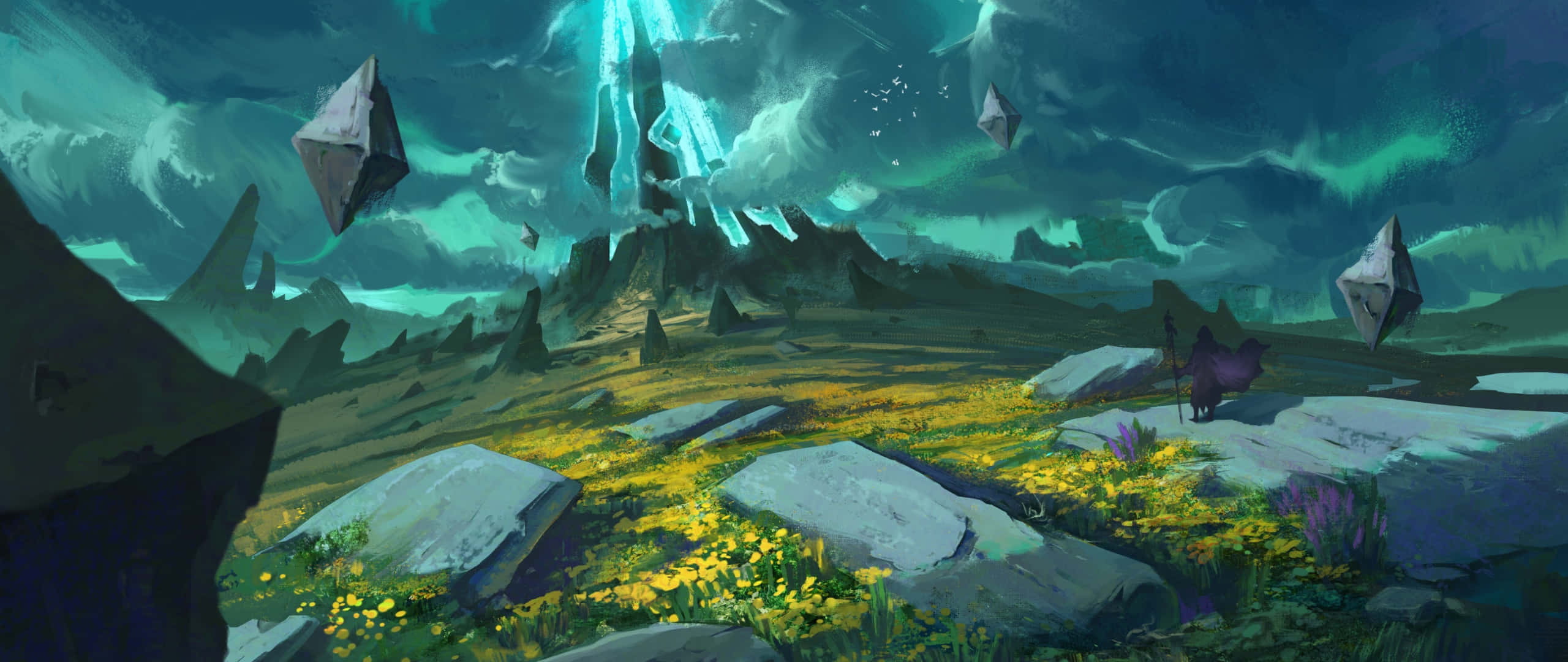 Art 2560x1080 桌布 壁紙 — 一個孤獨的身影走過一片岩石遍地的黃色花田，上方是風暴般的青綠色天空，漂浮著水晶般的結構。