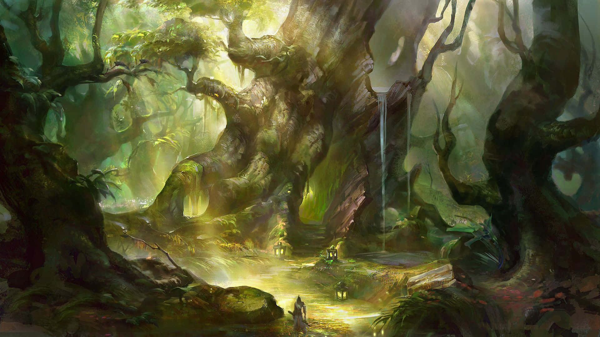 Enchanting 桌布 壁紙 — 一個孤獨的身影走過一片神秘的森林，那裡的古樹閃耀著金色的光芒，瀑布從長滿苔蘚的樹根上傾瀉而下。