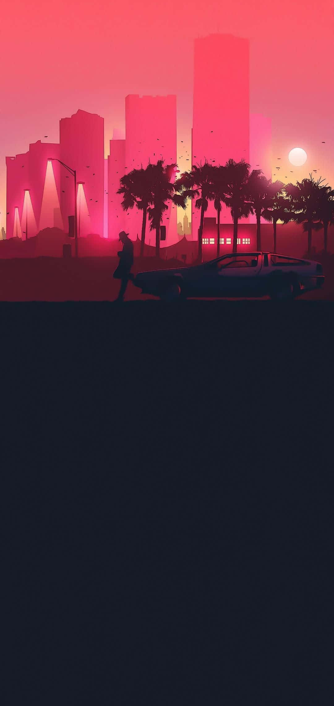 Miami iPhone 桌布 壁紙 — 一個孤獨的身影走過一輛時尚的汽車，在發光的粉紅色日落映襯下，背後是未來主義的城市天際線。
