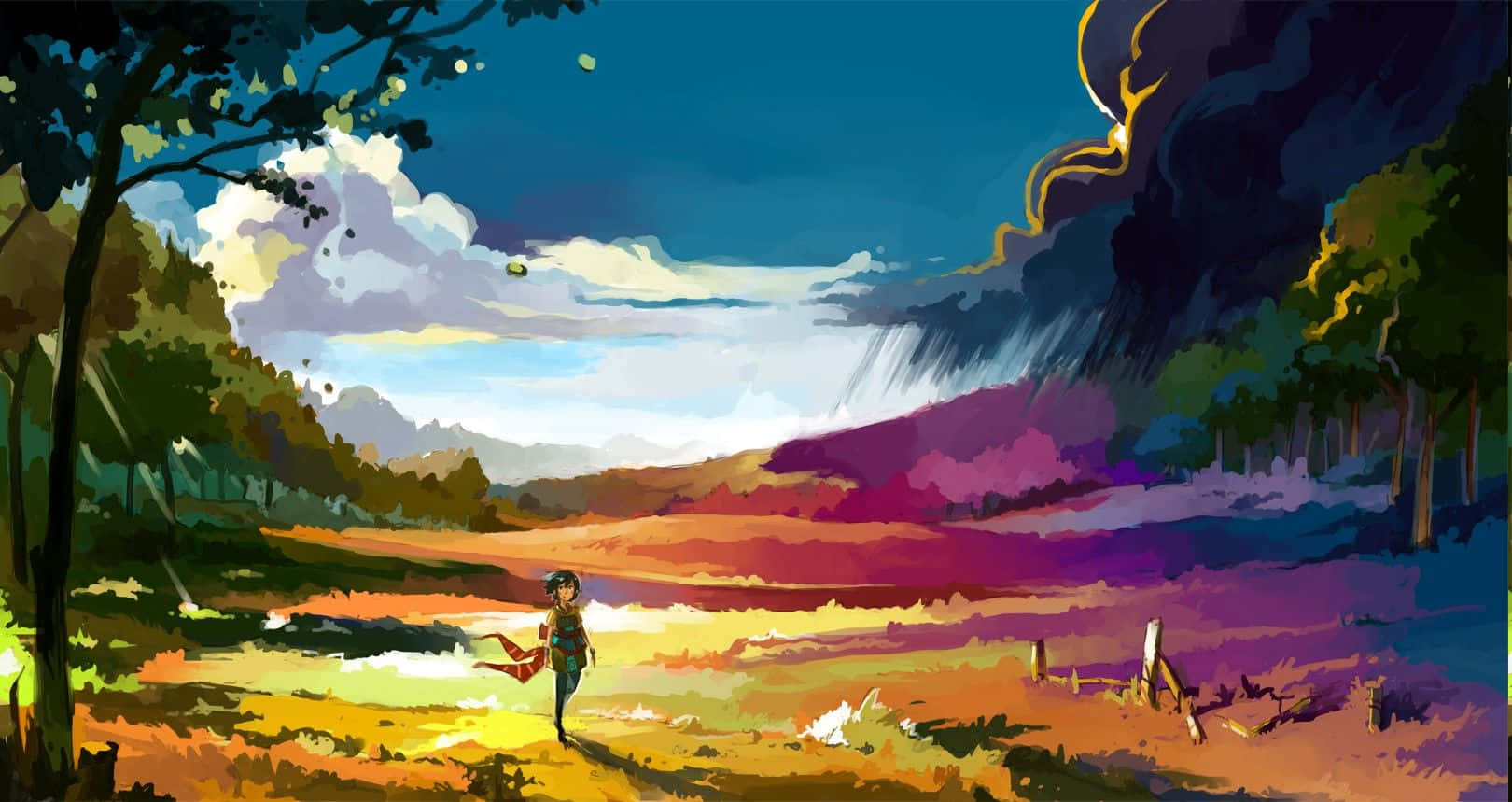 動畫風景 桌布 壁紙 — 一個孤獨的身影走過充滿活力的田野，天空戲劇性，有旋轉的雲彩和鮮豔的色彩漸變。