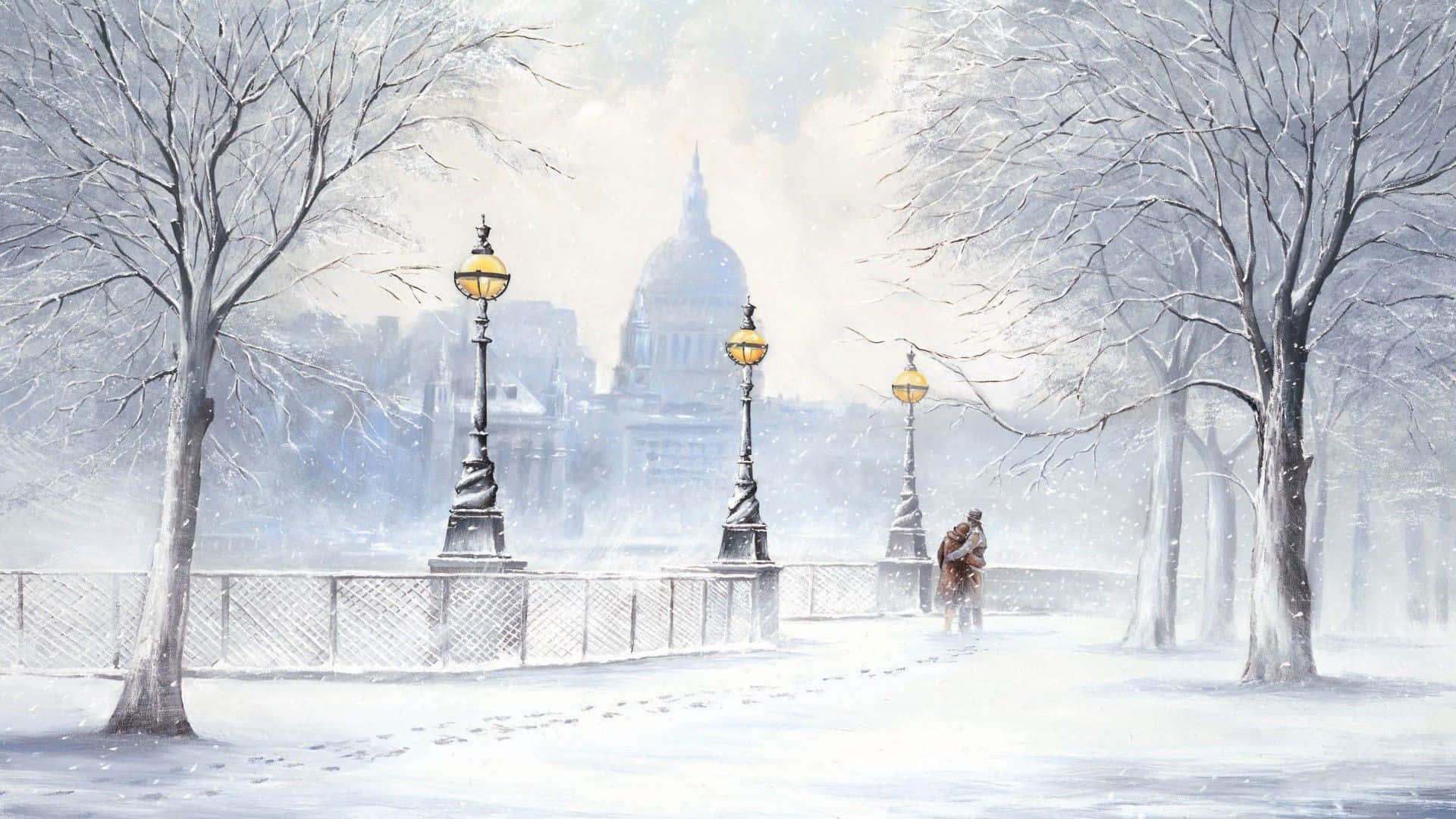 Winter Art 桌布 壁紙 — 一個孤獨的身影走過白雪覆蓋的公園，周圍是光禿的樹木和發光的路燈，一座圓頂建築在冬日迷霧中漸漸消失。
