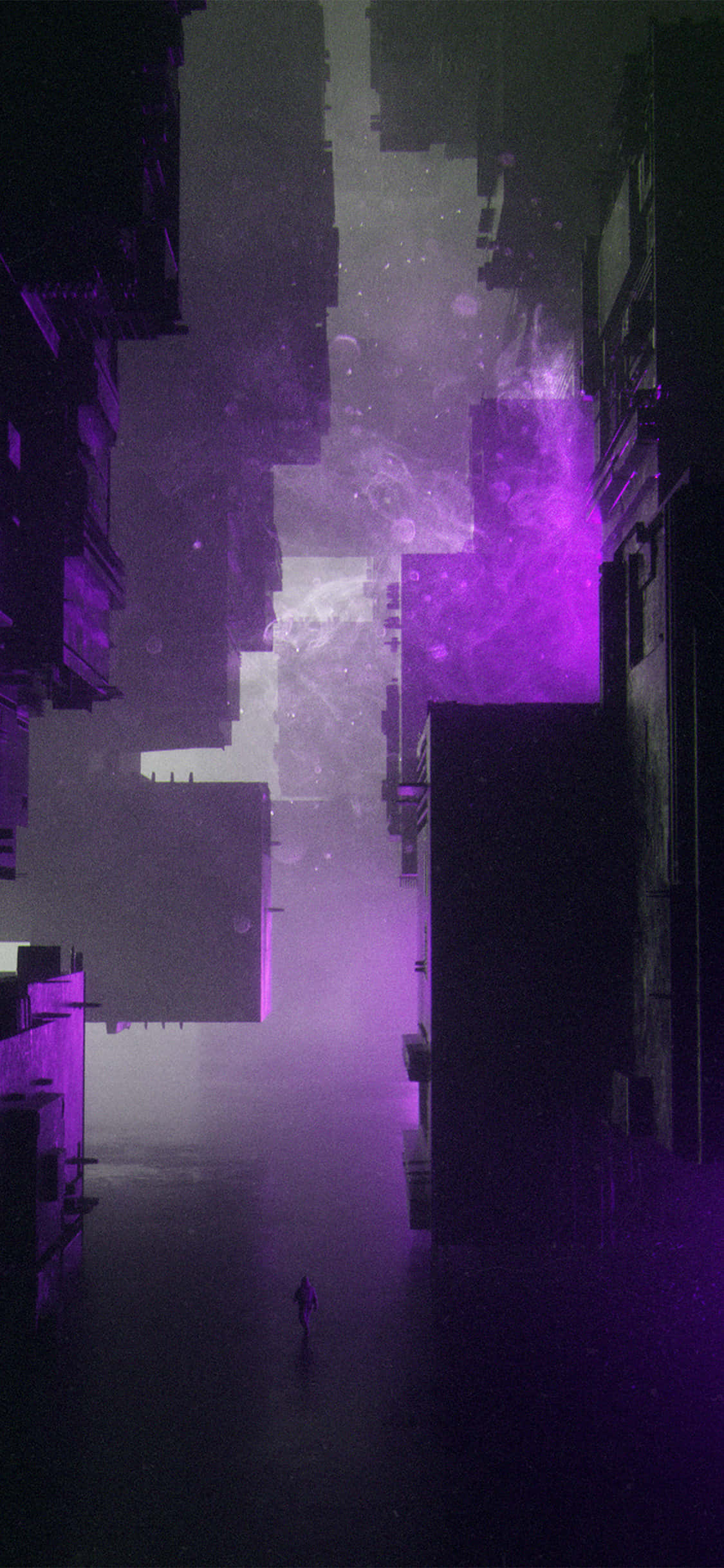 Dark Dystopian 桌布 壁紙 — 一個孤獨的身影走過超現實的紫色燈光城市峽谷，上方有漂浮的建築物和宇宙雲層。