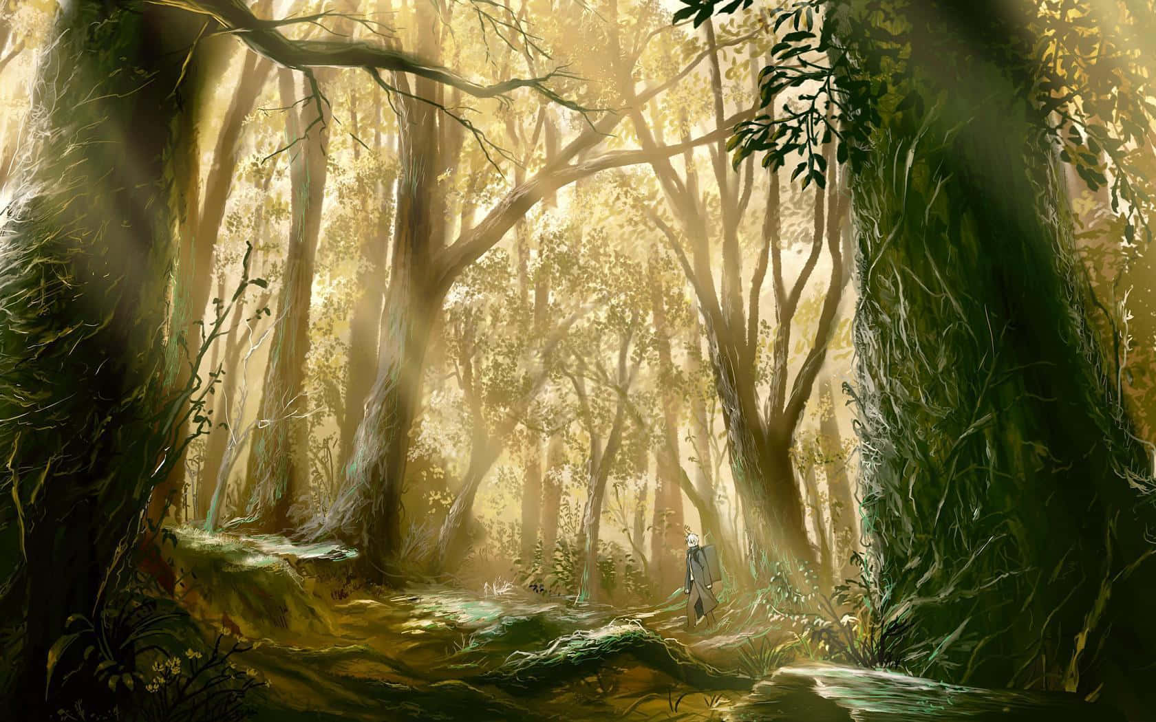 Anime Forest 桌布 壁紙 — 一個孤獨的身影走過迷霧籠罩、陽光普照的森林，高聳的樹木和金色的光線穿過茂密的樹葉。