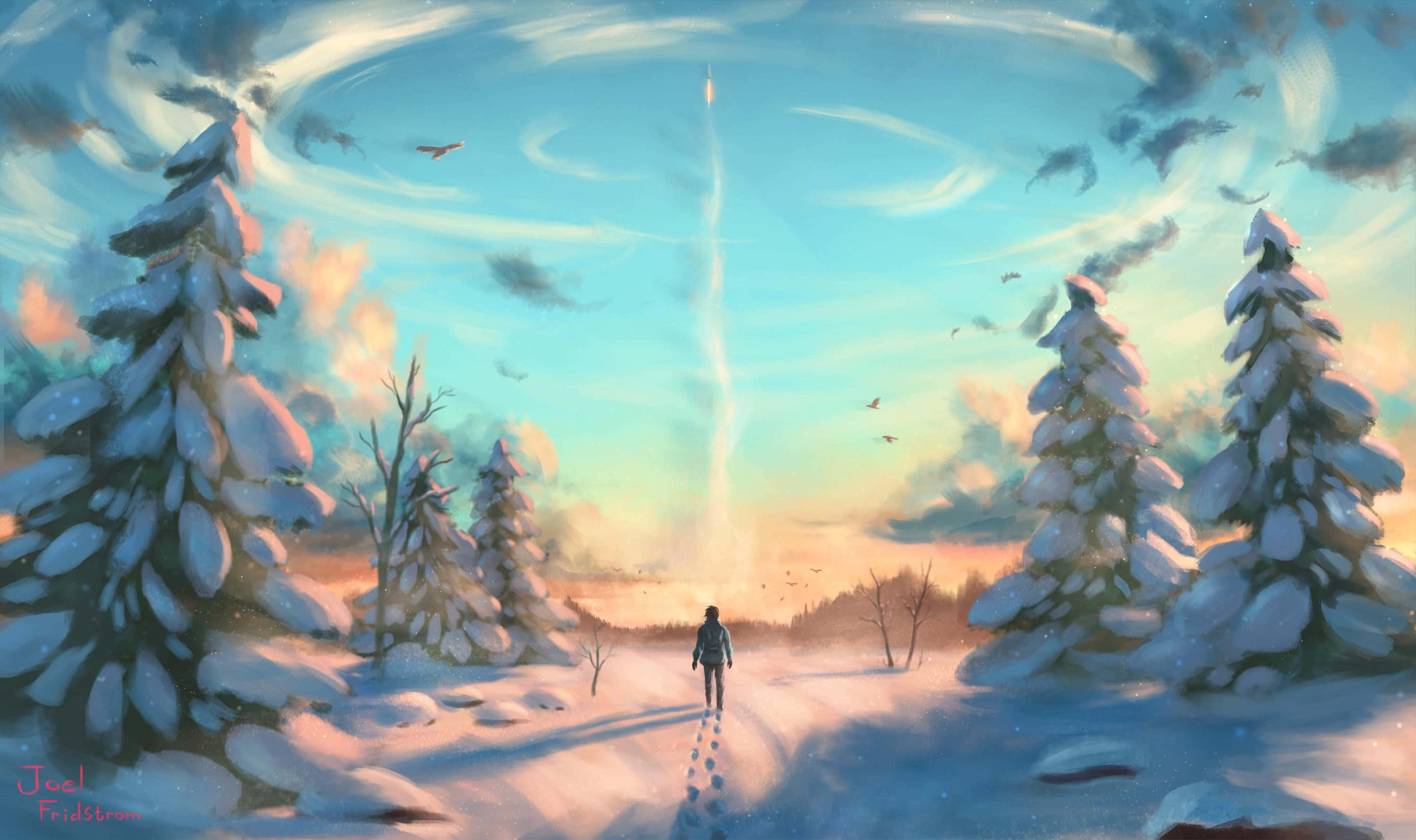 雪景 桌布 壁紙 — 一個孤獨的身影走過雪地森林，朝向一道穿透暮色天空的發光光束。