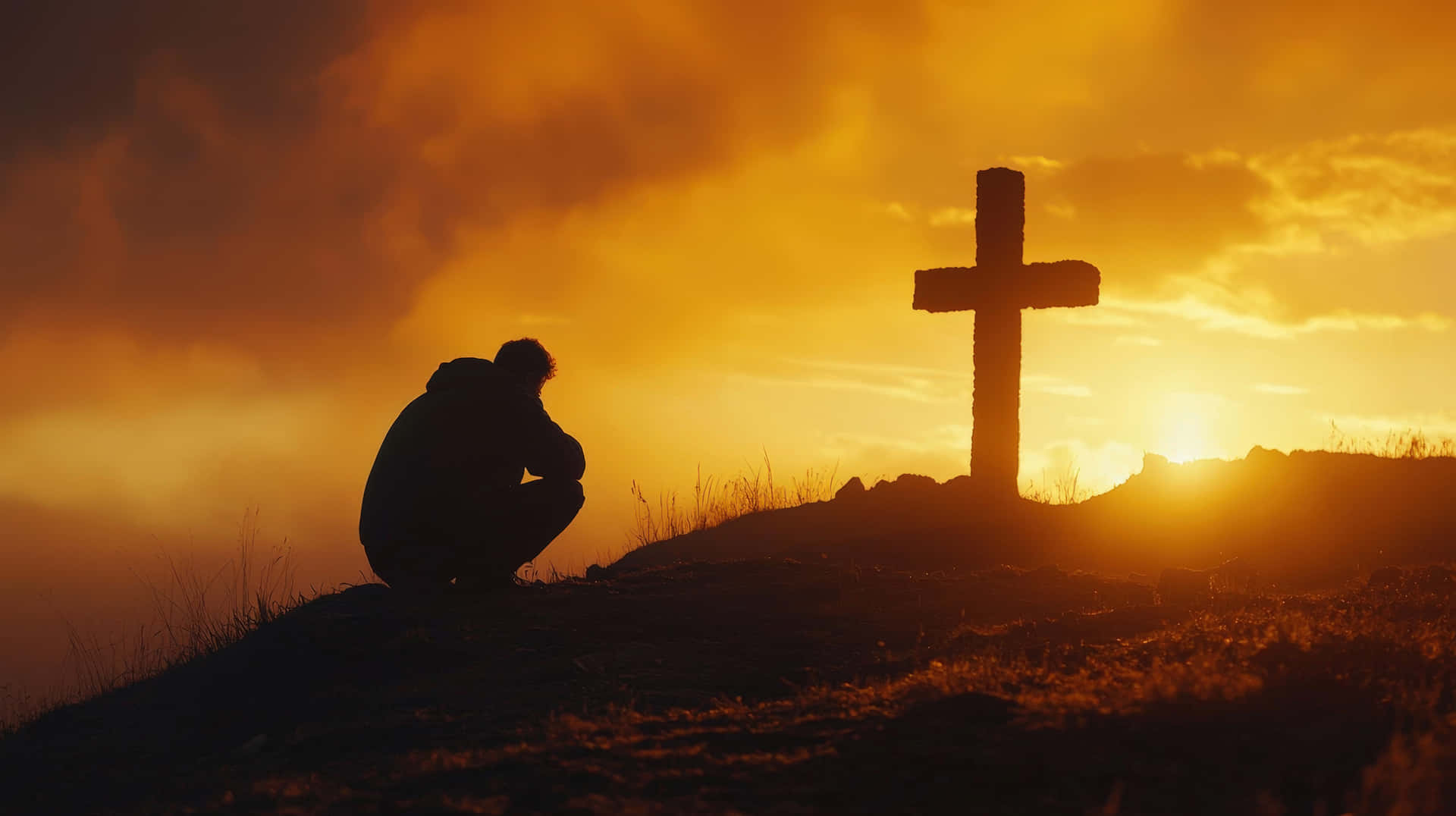 Man kneeling in prayer before a cross at sunset on a hilltop 壁紙 — 一個孤獨的身影跪在山頂的木製十字架前，形成剪影，而熾熱的日落將天空染成橙色和金色。