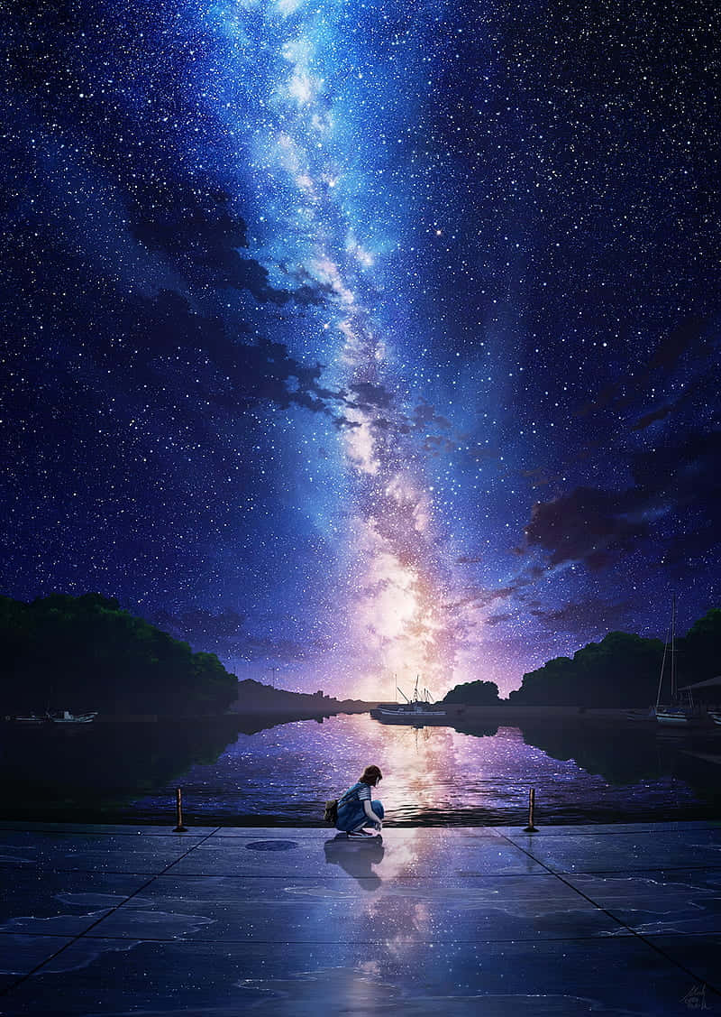 Night Anime 桌布 壁紙 — 一個孤獨的身影跪在濕漉漉的碼頭上，腳下平靜的水面倒映著壯麗的銀河。