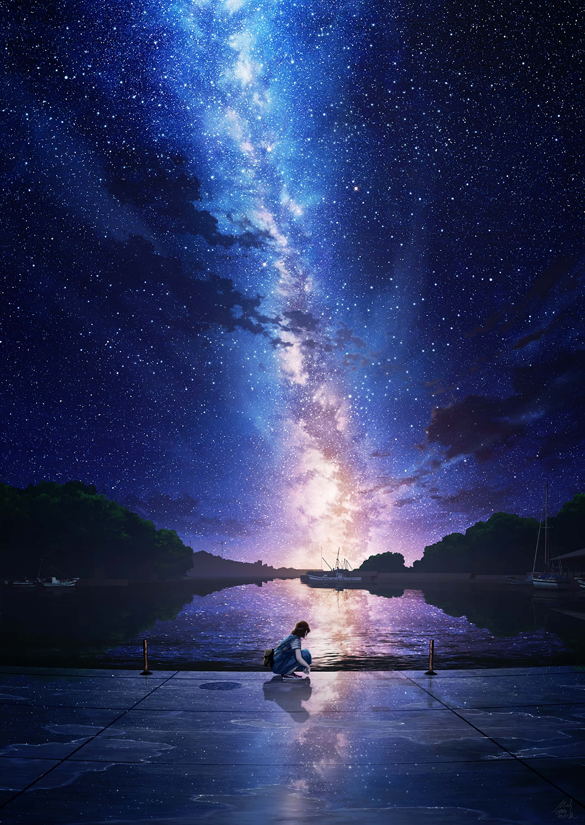 Beautiful Anime Scenery 桌布 壁紙 — 一個孤獨的身影跪在濕漉漉的碼頭上，下方是平靜水面反射出的壯麗銀河。