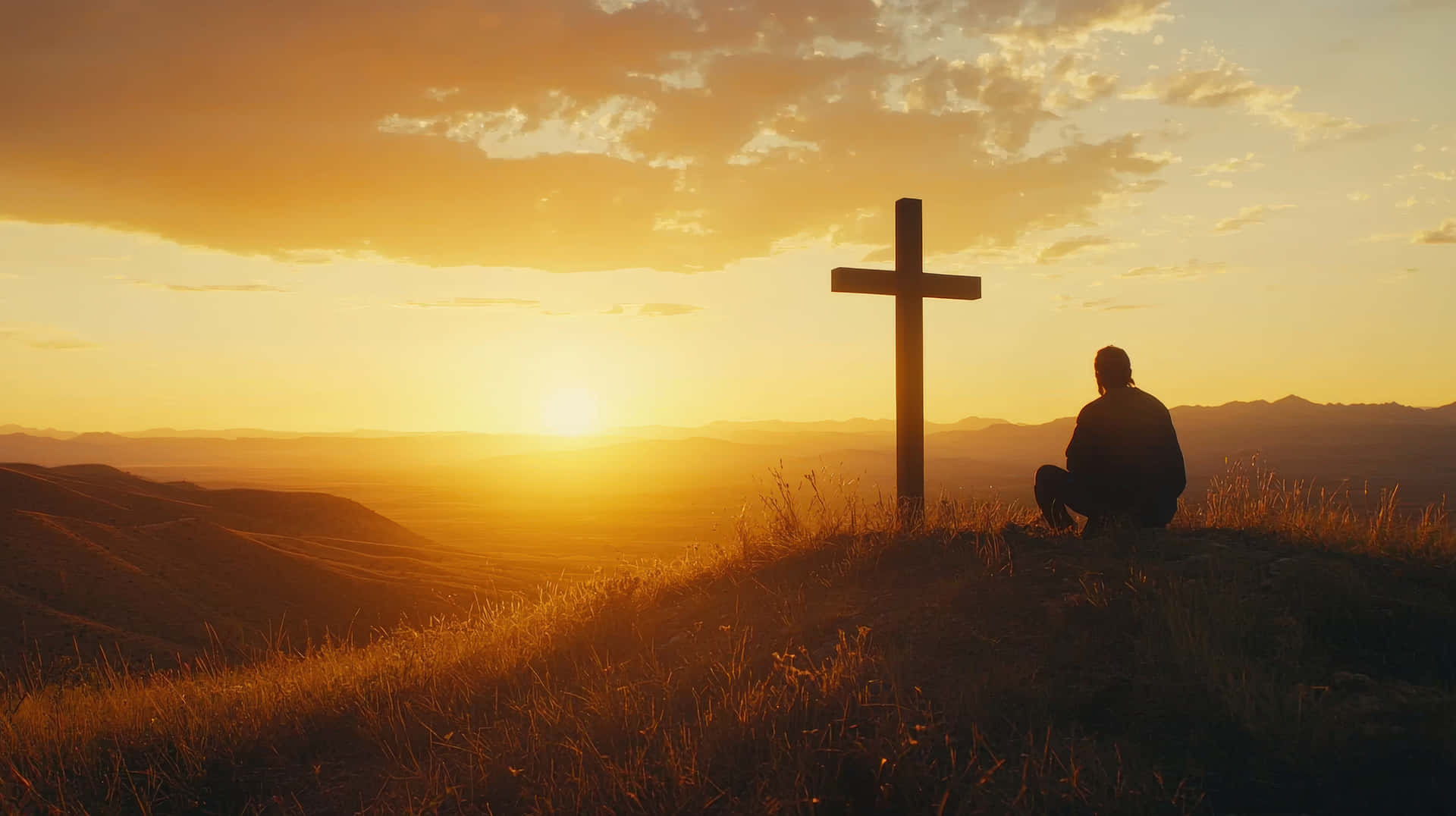 Man sitting before a cross on a hilltop at sunset in deep reflection 壁紙 — 一個孤獨的身影跪在草地山丘上的木製十字架旁，夕陽在遠山落下，灑下金色的光芒。