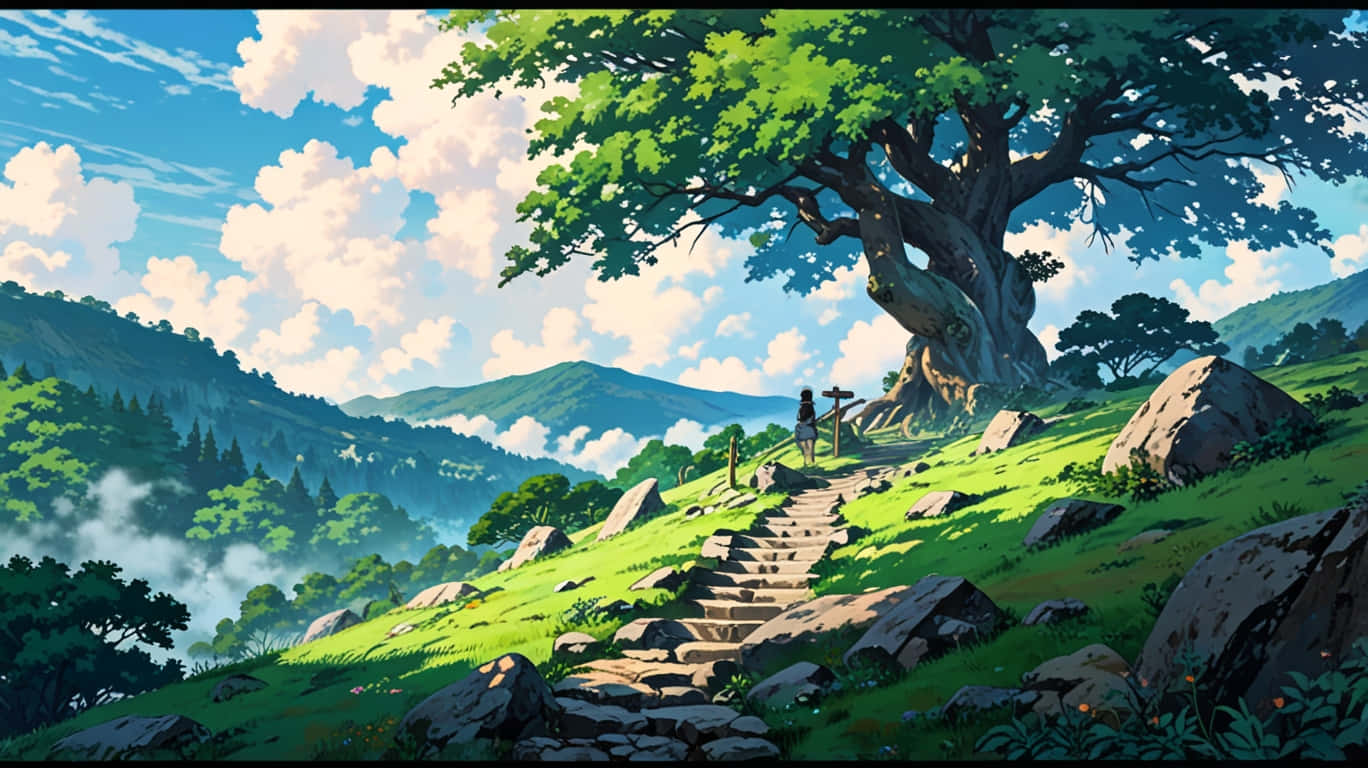 Tall mountain with a twisting ancient tree 壁紙 — 一個孤獨的身影踏上石階，走向陽光普照的山坡上一棵巨大的古樹，俯瞰霧氣瀰漫的綠色山谷和遠處的山脈，天空湛藍，白雲朵朵。