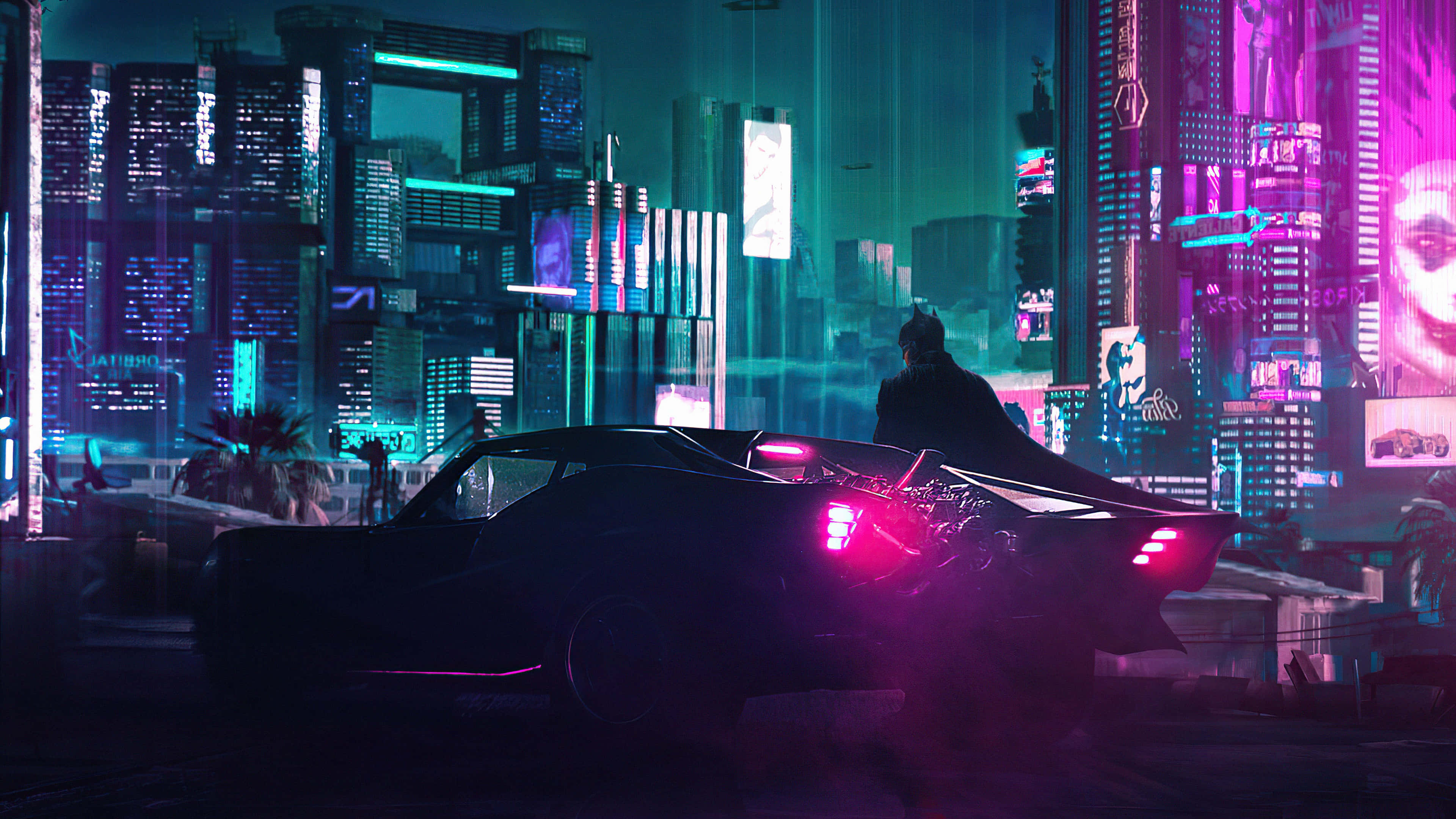 Cyberpunk Aesthetic 桌布 壁紙 — 一個孤獨的身影駕駛著一輛時尚的黑色跑車，車尾燈發出粉紅色光芒，在夜晚霓虹燈閃爍的賽博龐克城市景觀中穿梭。