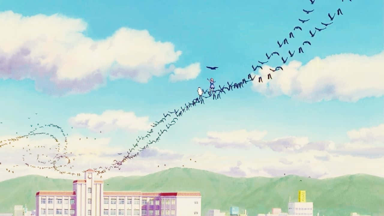the cat returns 桌布 壁紙 — 一個孤獨的身影騎著一群鳥，穿過學校和綠色山丘上方的明亮藍天。