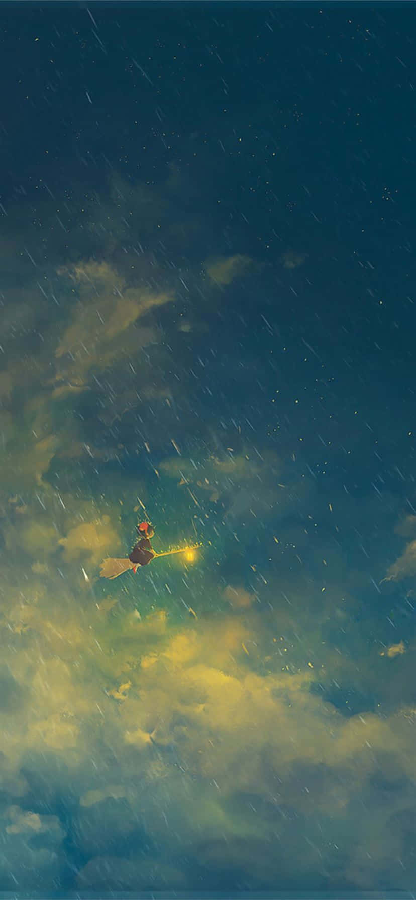 Aesthetic Ghibli 桌布 壁紙 — 一個孤獨的身影騎著發光的掃帚穿過風雨交加的天空，伴隨著雨和雲。