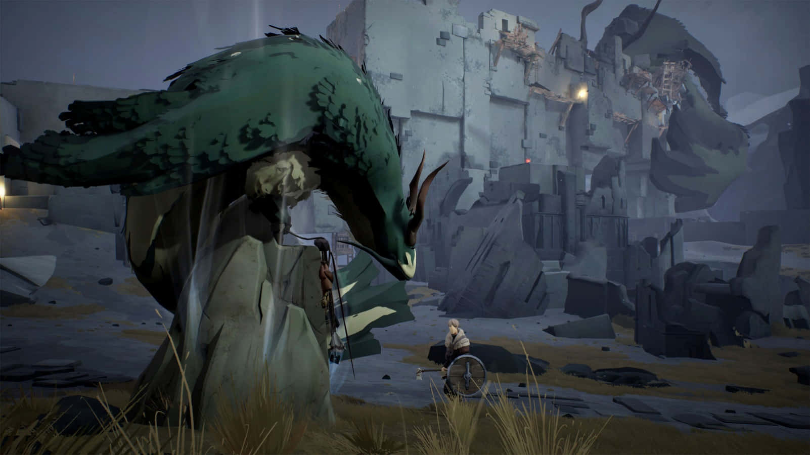 Ashen 桌布 壁紙 — 一個孤獨的輪椅人物在陰沉天空下，面對著在崩塌石廢墟中的巨大綠色龍。