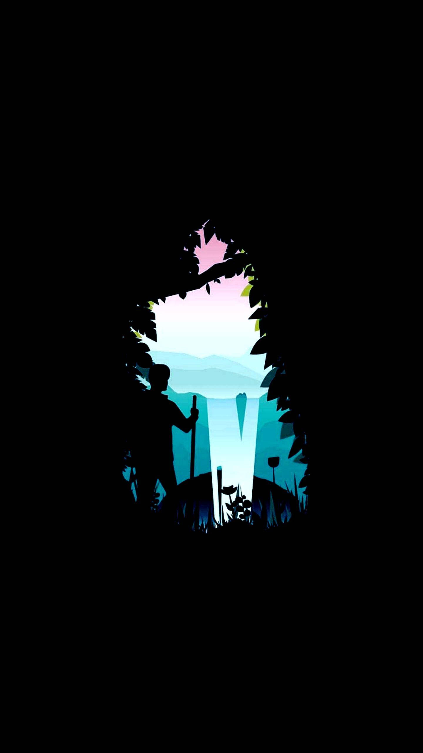 AMOLED 4K 桌布 壁紙 — 一個孤獨的遠足者的剪影站在樹葉的框架中，凝視著暮色中發光的藍色山谷。