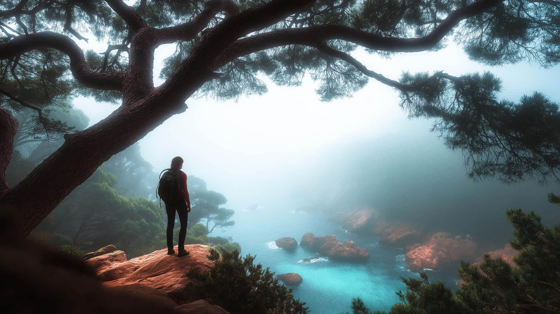 Backpacker Overlooking a Misty Coastal Landscape with Rocks 壁紙 — 一個孤獨的遠足者站在岩石懸崖上，在一棵松樹下，俯瞰著霧氣瀰漫的碧綠海洋和崎嶇的島嶼。