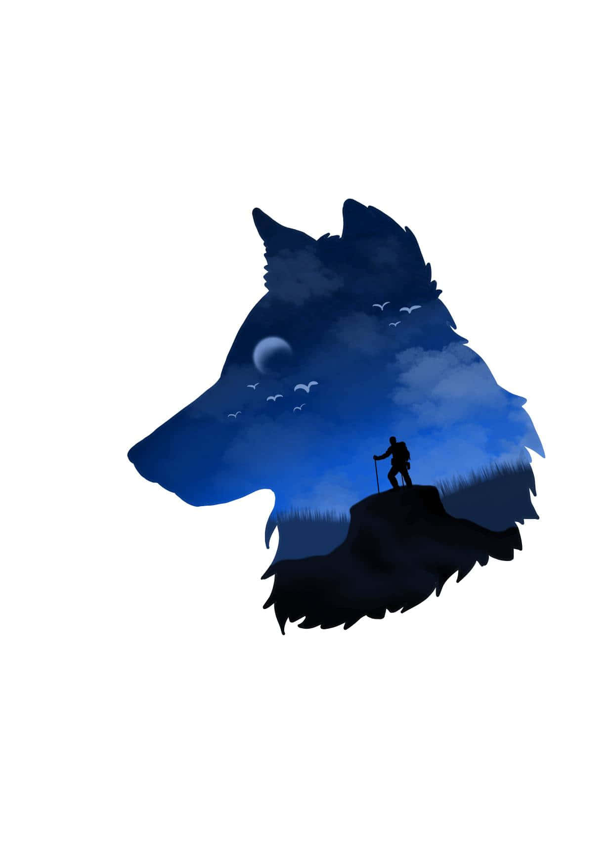 Wolf Silhouette 桌布 壁紙 — 一個孤獨的遠足者站在懸崖頂上，位於狼頭剪影內，在月光照耀的天空下，有飛鳥。