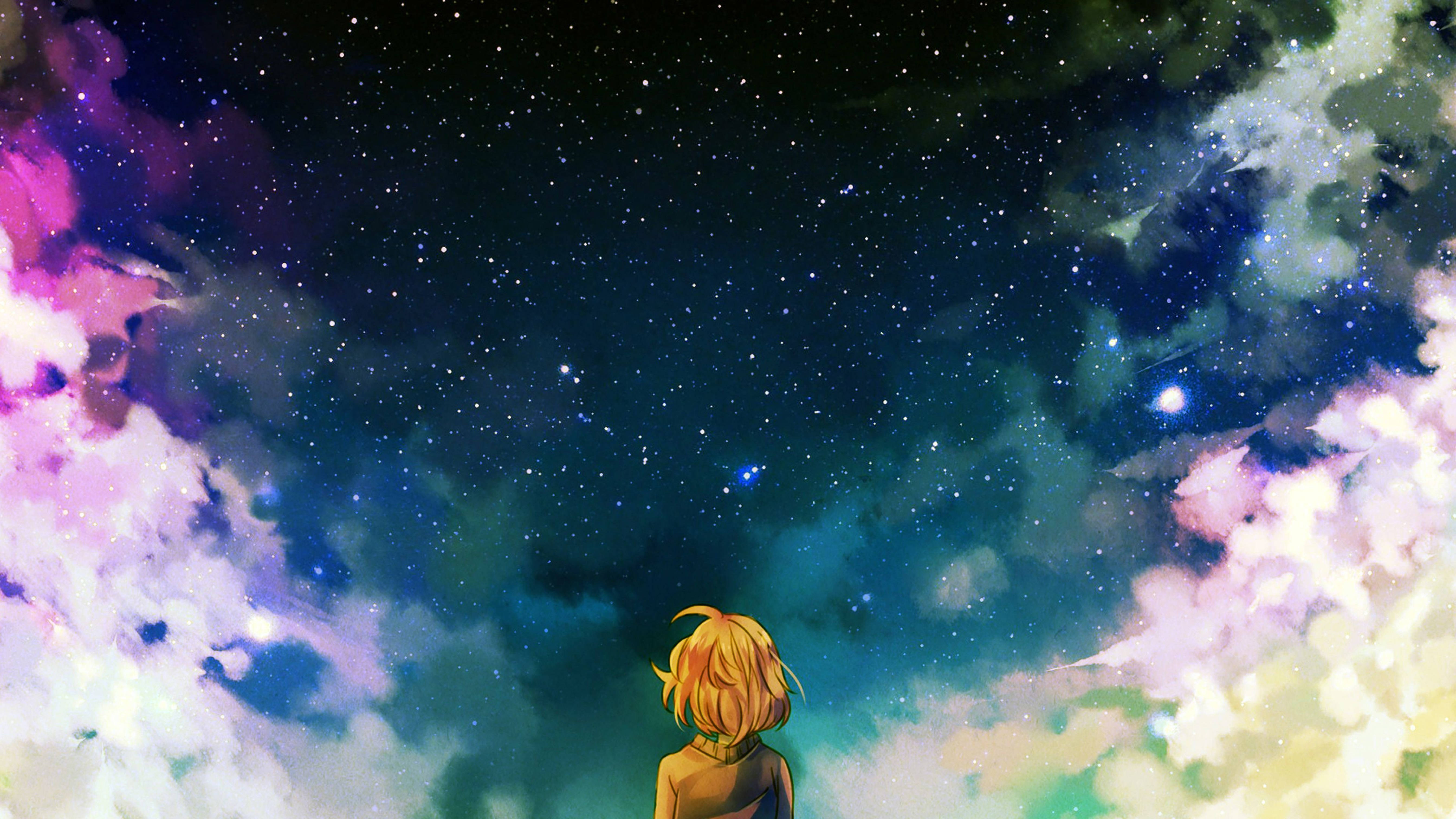 夜空 桌布 壁紙 — 一個孤獨的金髮動漫女孩仰望充滿星星和紫色、藍色、粉紅色漩渦星雲的鮮豔宇宙天空。
