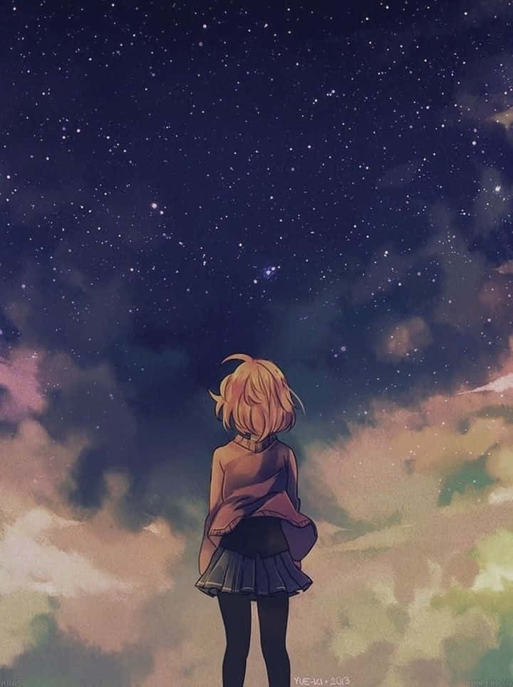 Soft Girl Aesthetic 桌布 壁紙 — 一個孤獨的金髮動漫女孩仰望廣闊的星空，滿天閃爍的星星和五彩斑斕的雲彩。