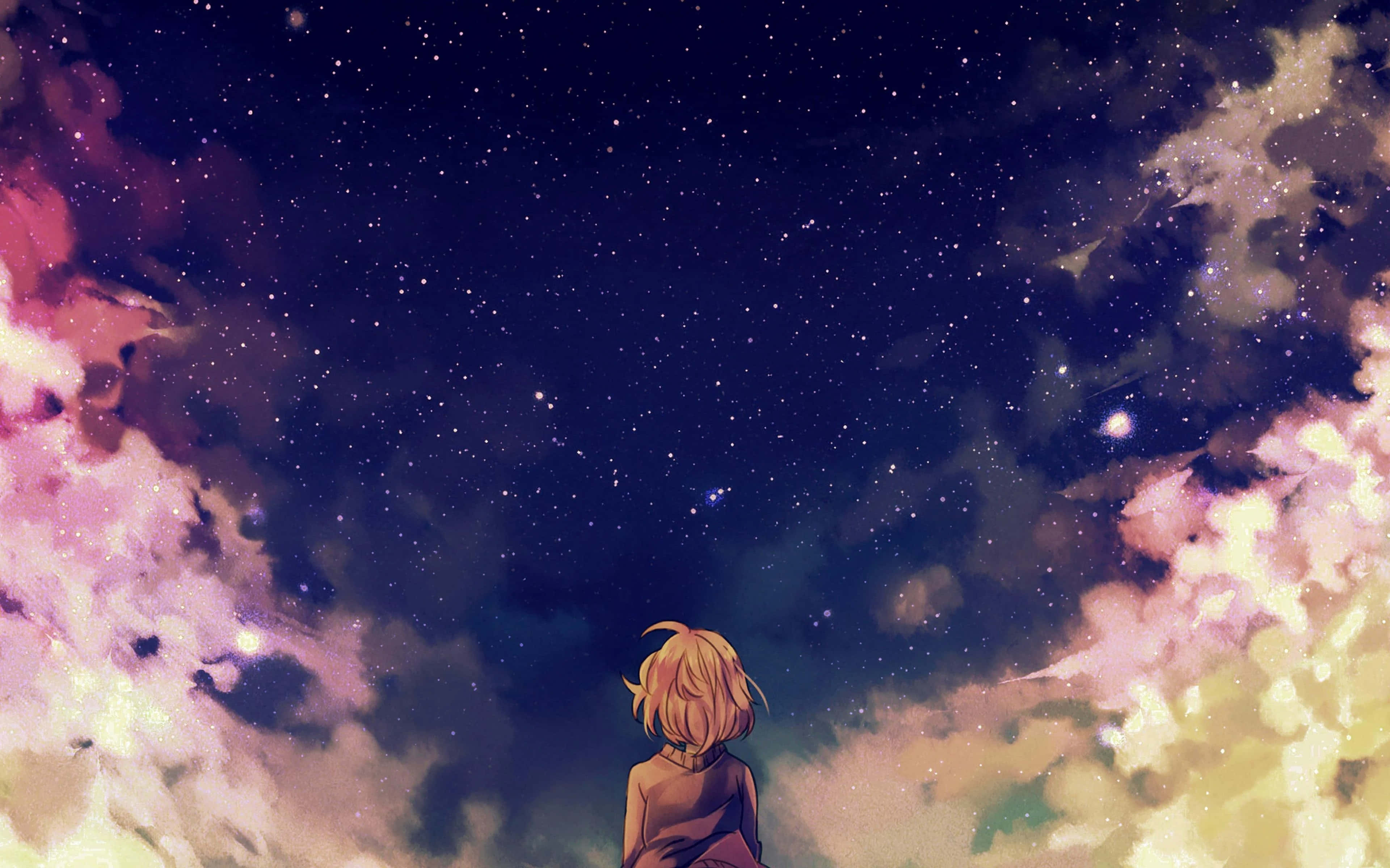 桌布 壁紙 — 一個孤獨的金髮動漫女孩仰望星空，夜空被發光的粉紅色和黃色雲彩框住。