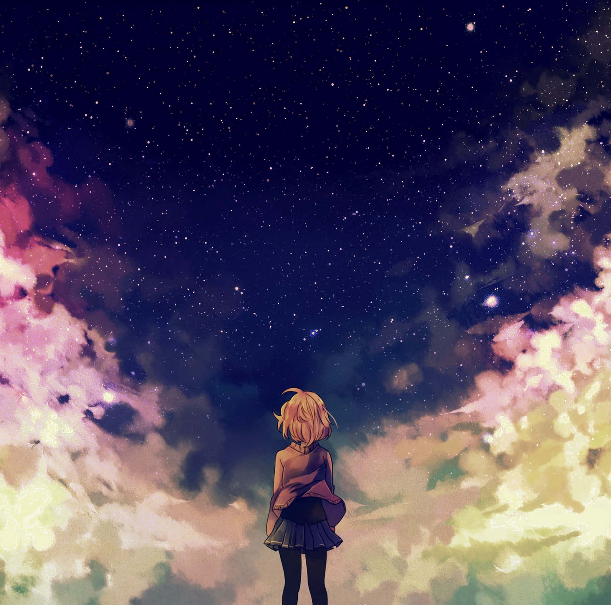 動漫女孩 桌布 壁紙 — 一個孤獨的金髮動漫女孩仰望星空，夜空被發光的粉紅色和黃色雲彩框住。