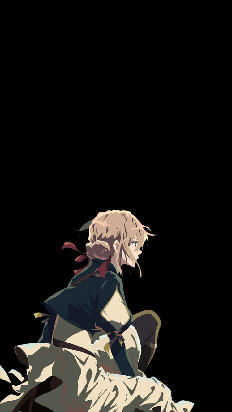 Violet Evergarden iPhone 桌布 壁紙 — 一個孤獨的金髮動漫女孩坐在純黑色背景下的陰影剪影中，她的目光在寂靜的孤獨中轉開。