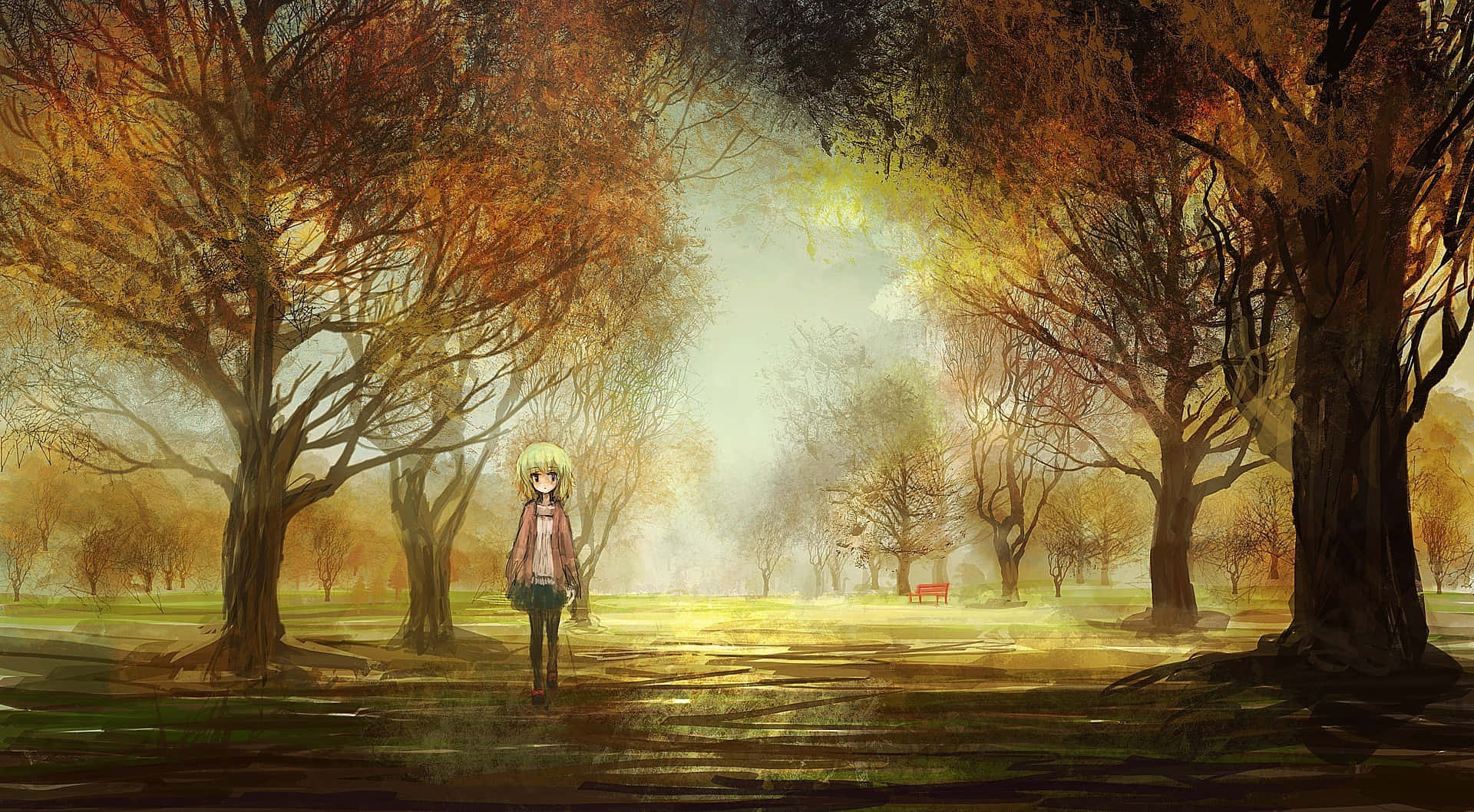 動漫女孩 桌布 壁紙 — 一個孤獨的金髮動漫女孩走過一個霧氣瀰漫的秋季公園，兩旁是火紅的橙色和棕色樹木。