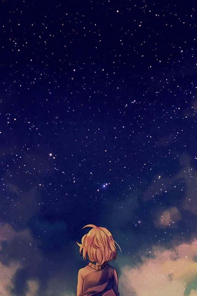 太空 桌布 壁紙 — 一個孤獨的金髮動漫角色仰望廣闊的星空，滿天閃爍的星星和柔軟的雲朵。