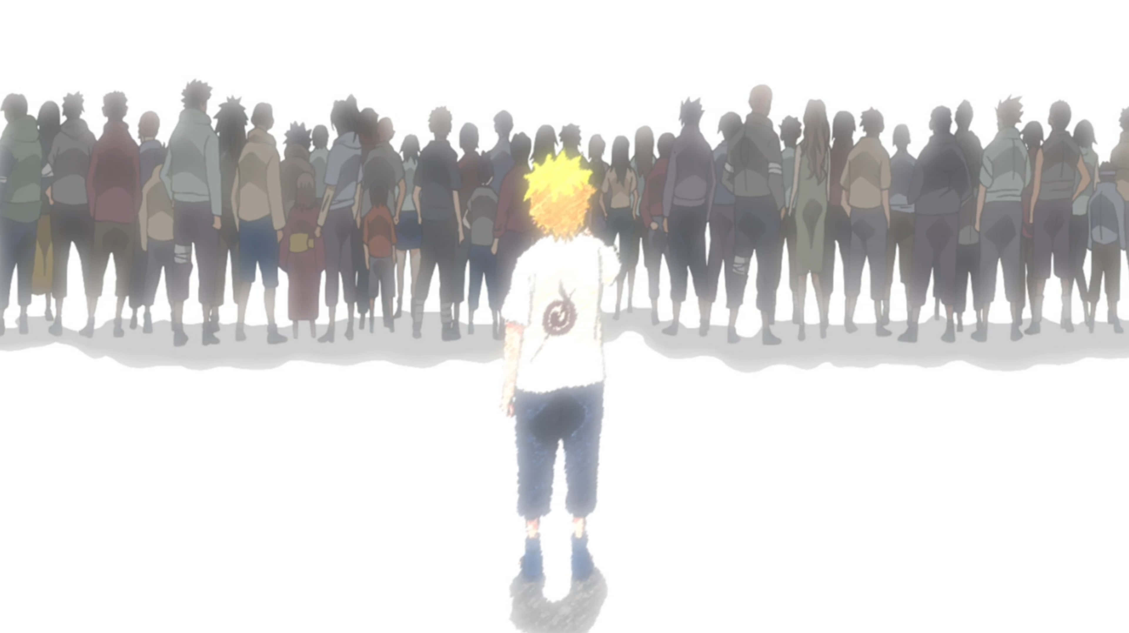 Naruto Alone 桌布 壁紙 — 一個孤獨的金髮動漫角色站在純白背景前，面對著一排形形色色的人物。