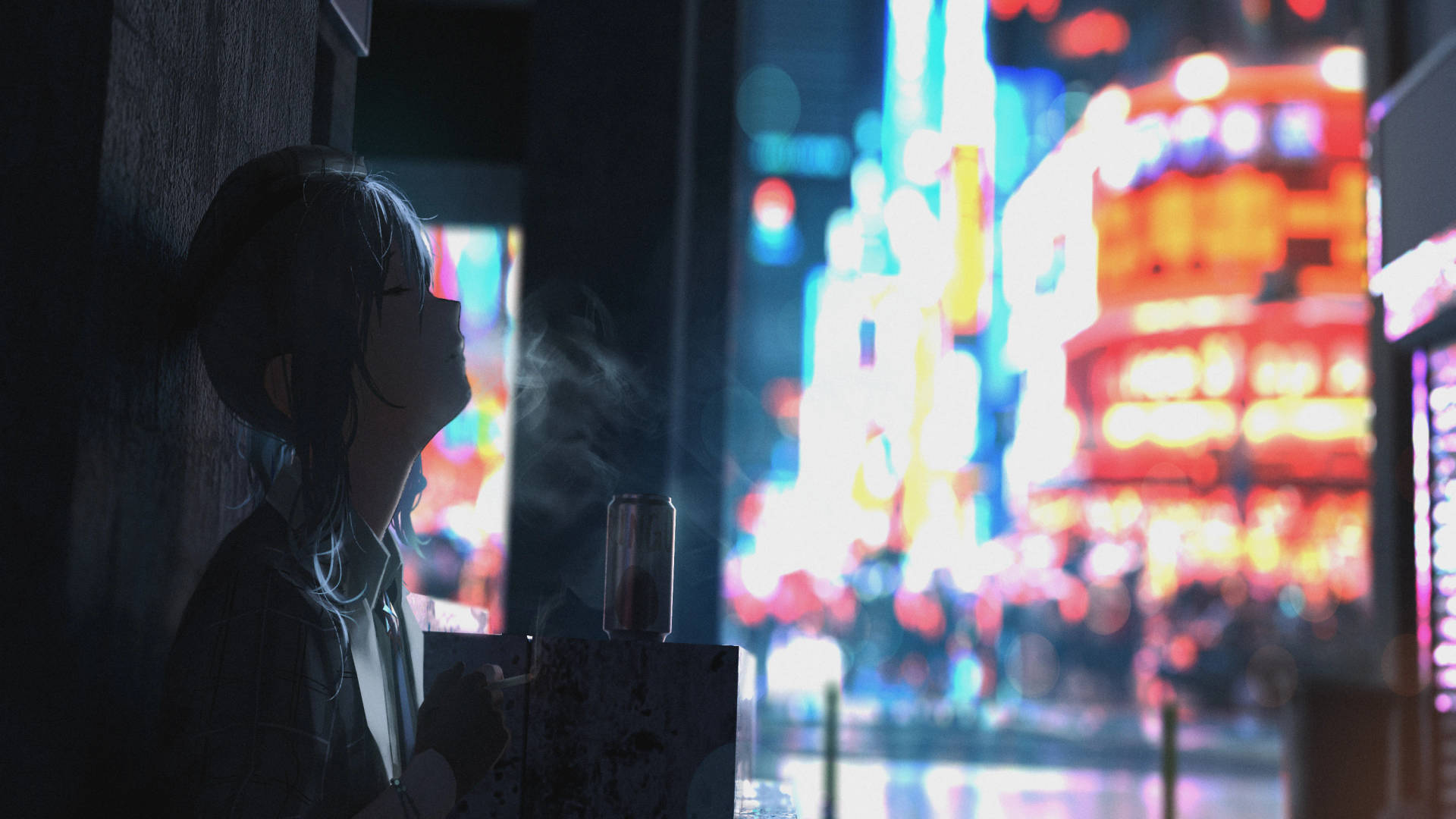 動漫女孩靠著黑暗牆壁抽煙，背後有發光的城市燈光。 — 動畫風景 壁紙