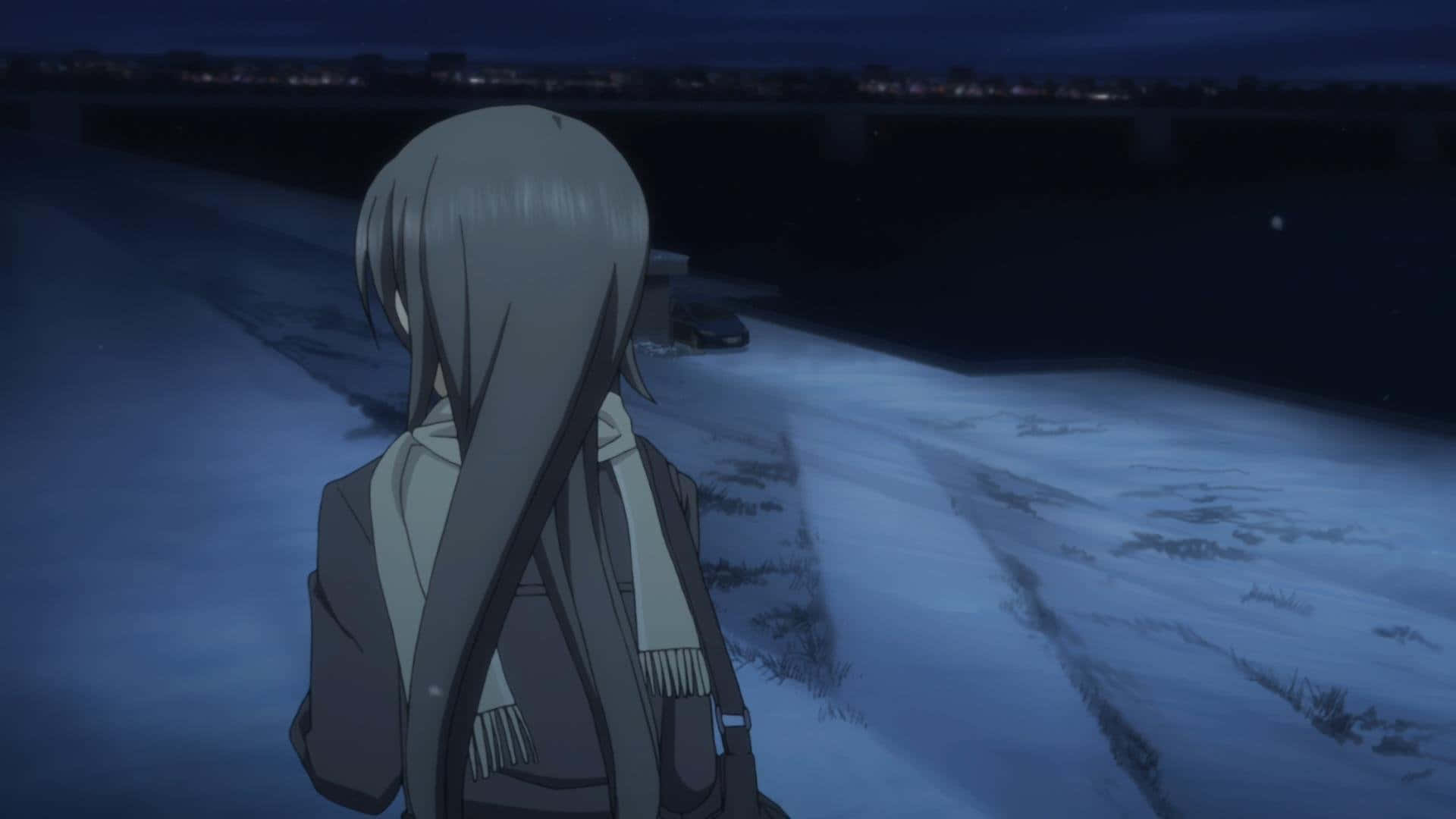 Parasyte 桌布 壁紙 — 一個孤獨的長灰髮動漫女孩夜晚站在積雪的堤岸上，凝視著遠處的城市燈光。