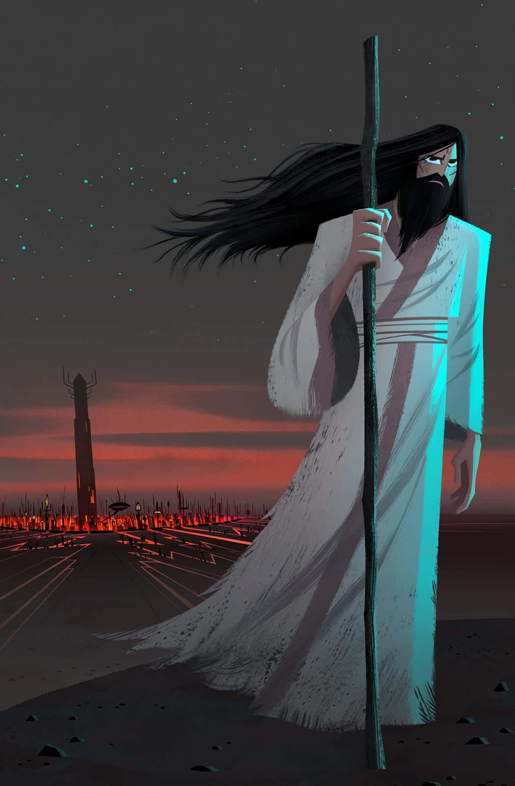 samurai jack 桌布 壁紙 — 一個孤獨的長袍人物，長長的黑髮和鬍鬚，在暮色天空下拿著手杖，遠處有發光的建築物。