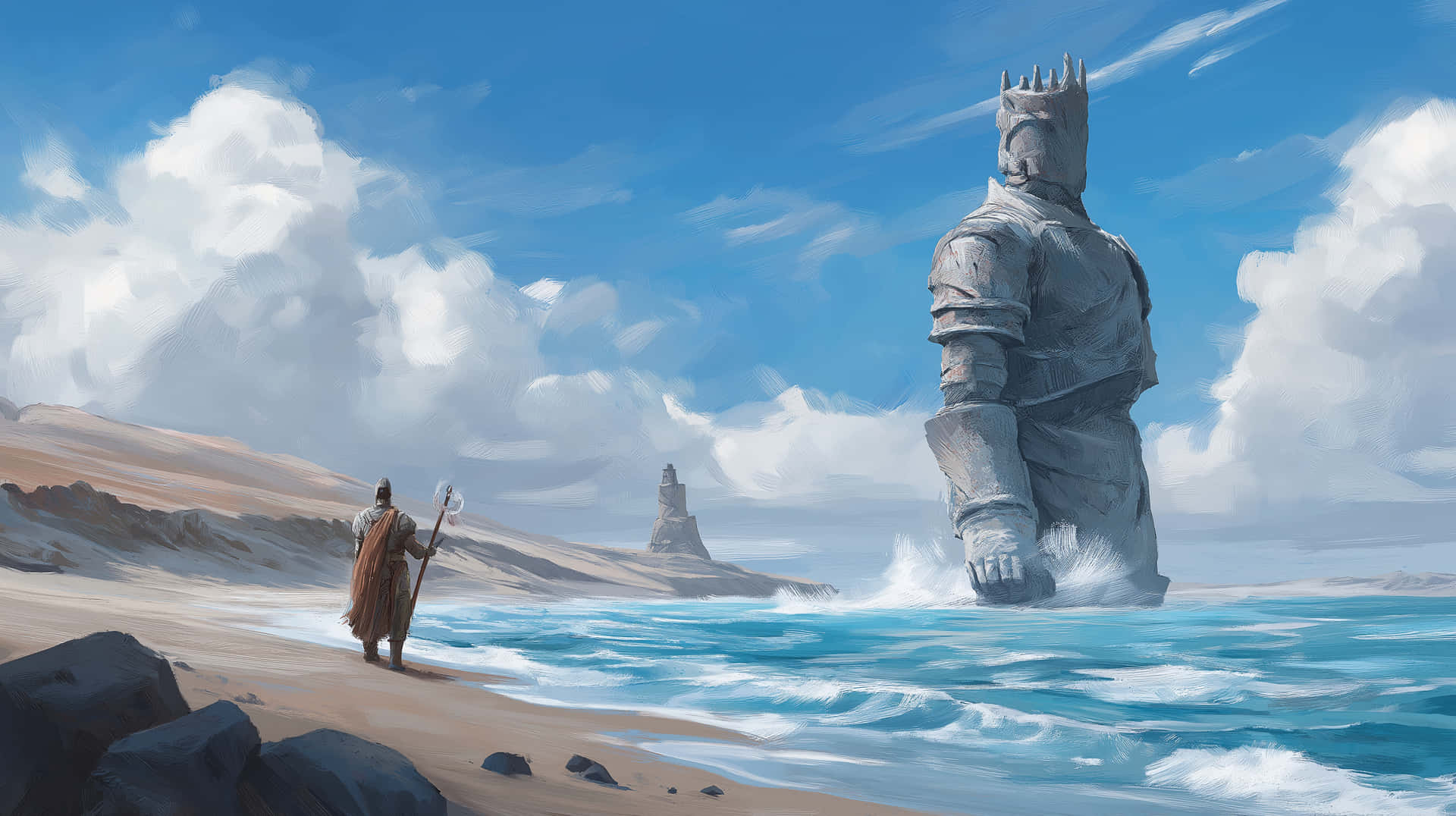 Ancient Giant Stone Statue in Ocean Beside Lone Wanderer 壁紙 — 一個孤獨的長袍人物站在沙灘上，凝視著一座巨大的石戰士雕像從碧綠色的海浪中浮現，背景是明亮的藍天和蓬鬆的雲朵。