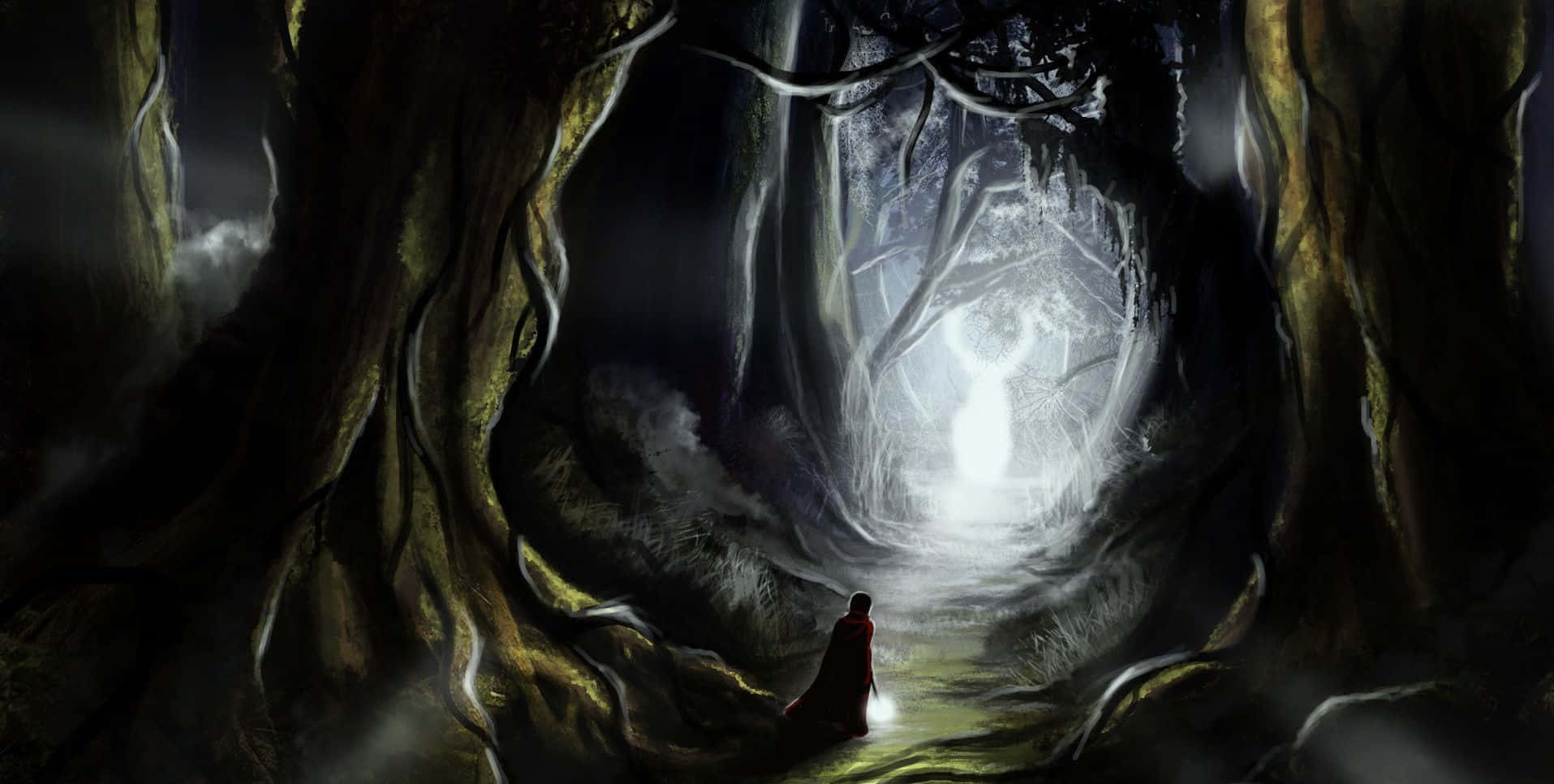 Patronus 桌布 壁紙 — 一個孤獨的長袍身影站在黑暗扭曲的森林隧道中，凝視著前方發光的空靈身影。