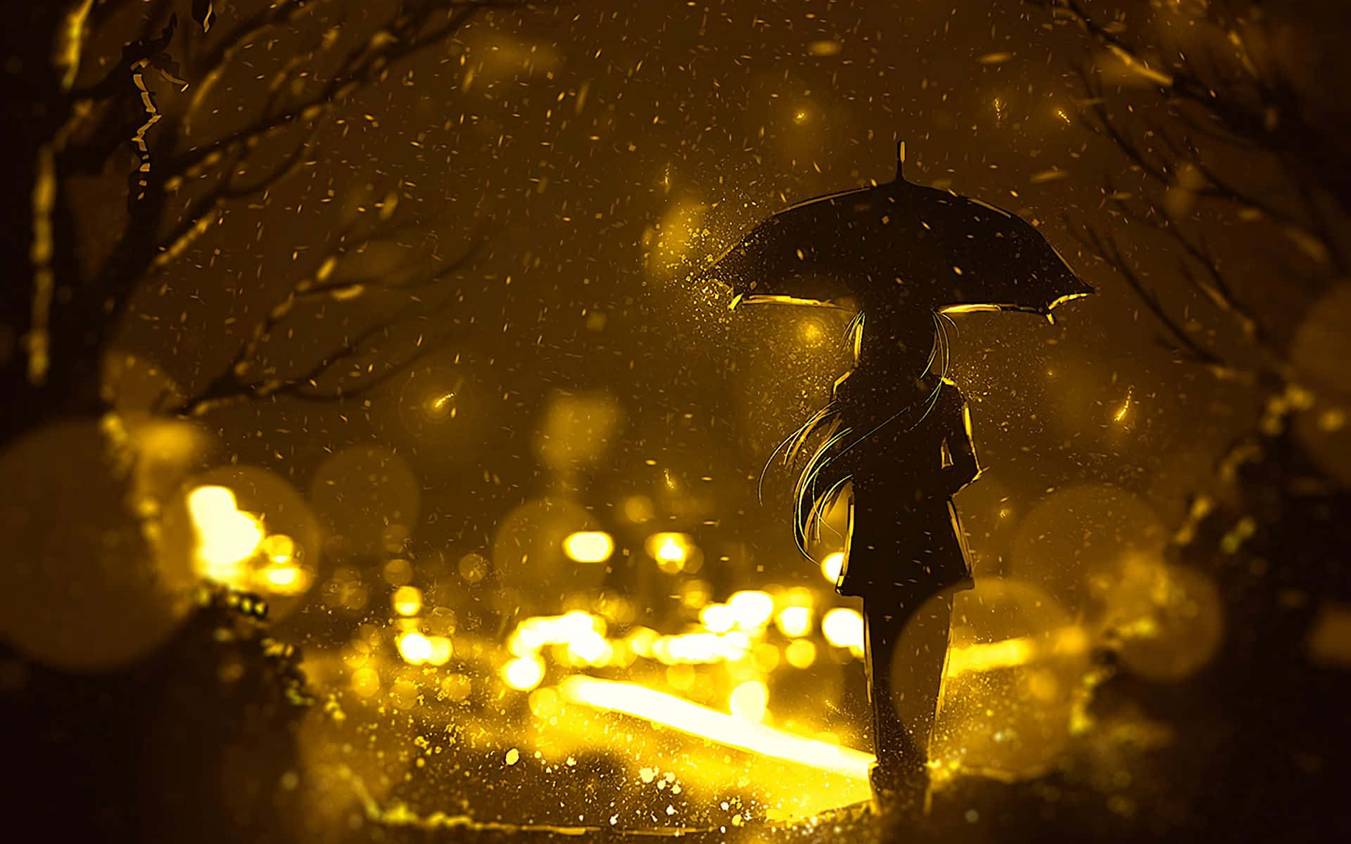 Lonely 桌布 壁紙 — 一個孤獨的長髮人物在模糊的城市燈光背景下，於金色雨中撐著雨傘。