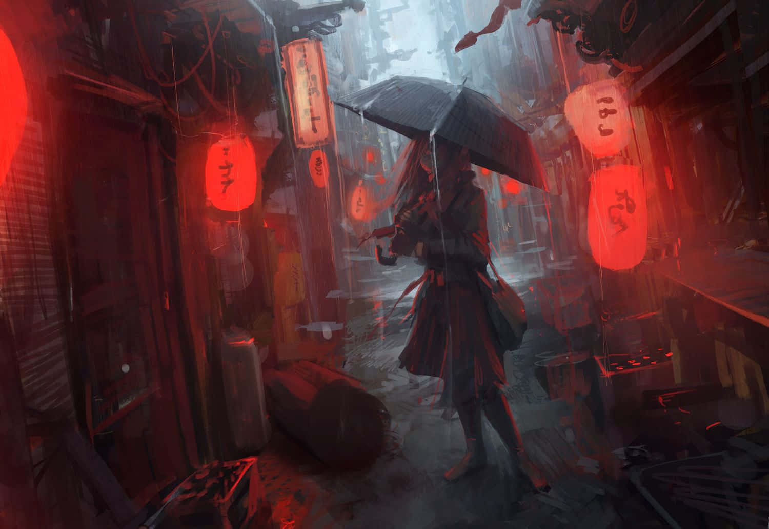 高清 桌布 壁紙 — 一個孤獨的長髮人物在雨中巷弄裡撐著黑傘行走，周圍的紅色燈籠發出溫暖的光芒，照亮濕漉漉的石頭。