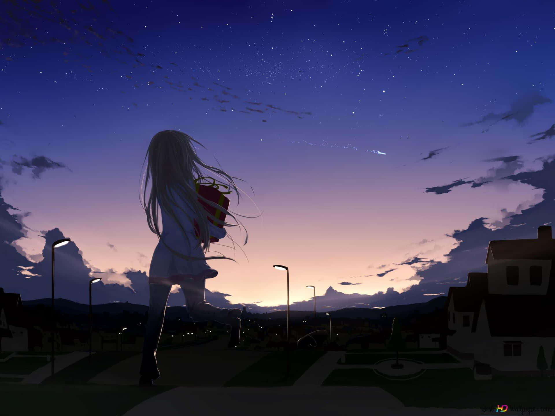 動漫女孩在暮色中拿著禮物走在星空下。 — 動畫風景 壁紙