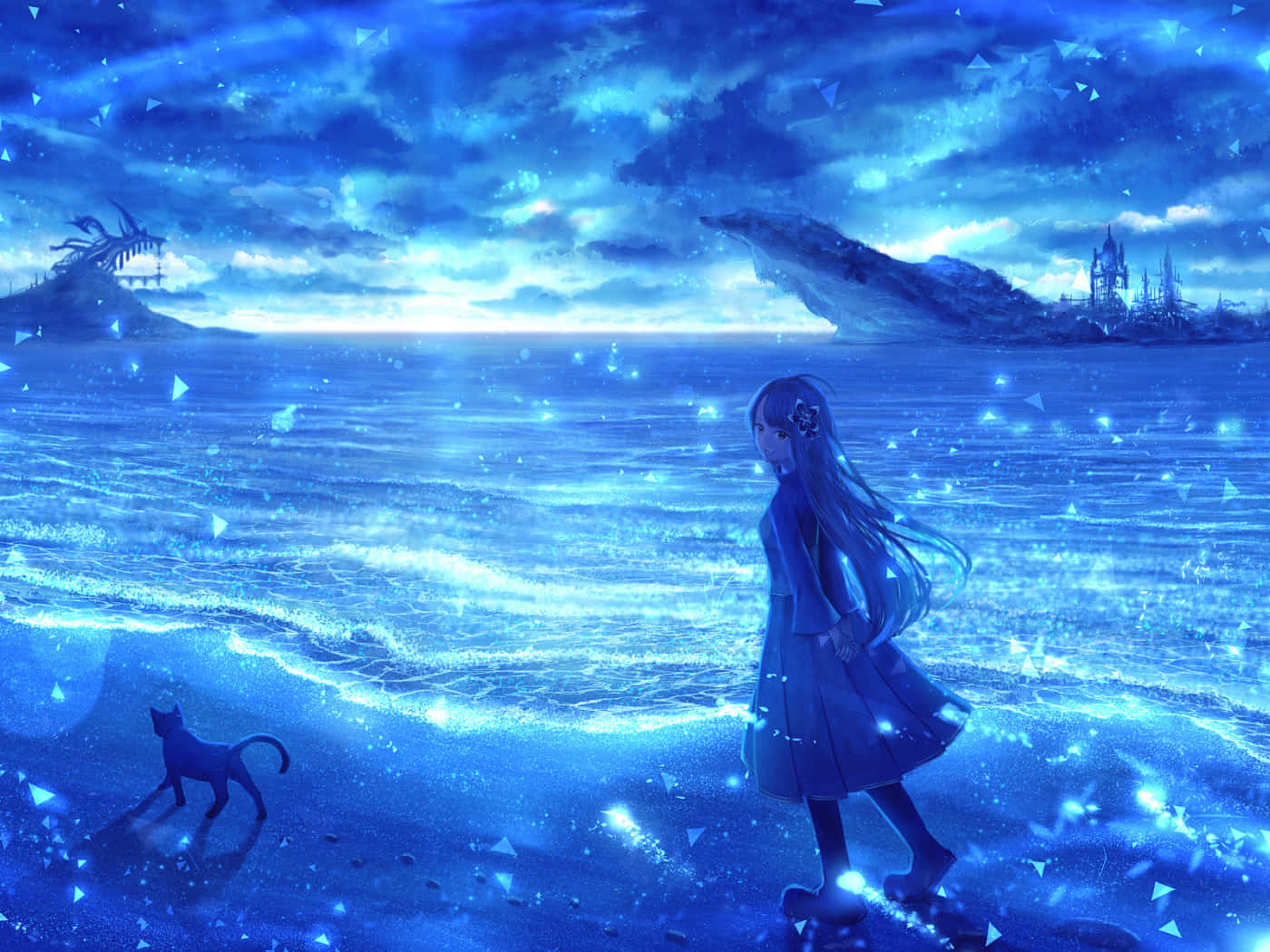 Beautiful Anime 桌布 壁紙 — 一個孤獨的長髮動漫女孩在星空下，與一隻貓一起走在發光的藍色海灘上，遠處有奇幻廢墟。