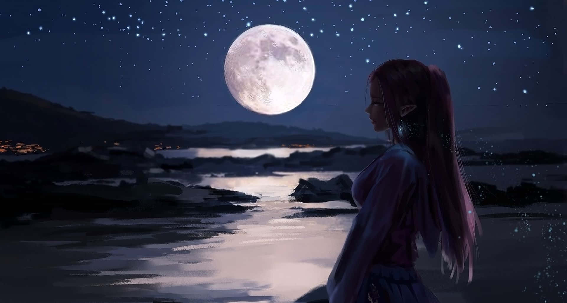 Celestial 桌布 壁紙 — 一個孤獨的長髮動漫女孩站在月光下的海岸線，在繁星點點的夜空下凝視著巨大的滿月。