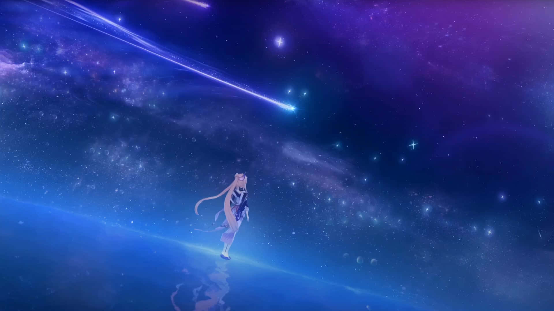 藝術 桌布 壁紙 — 一個孤獨的長髮動漫女孩站在發光的宇宙平面上，下方是充滿紫色和藍色鮮豔星場及流星劃過的景象。