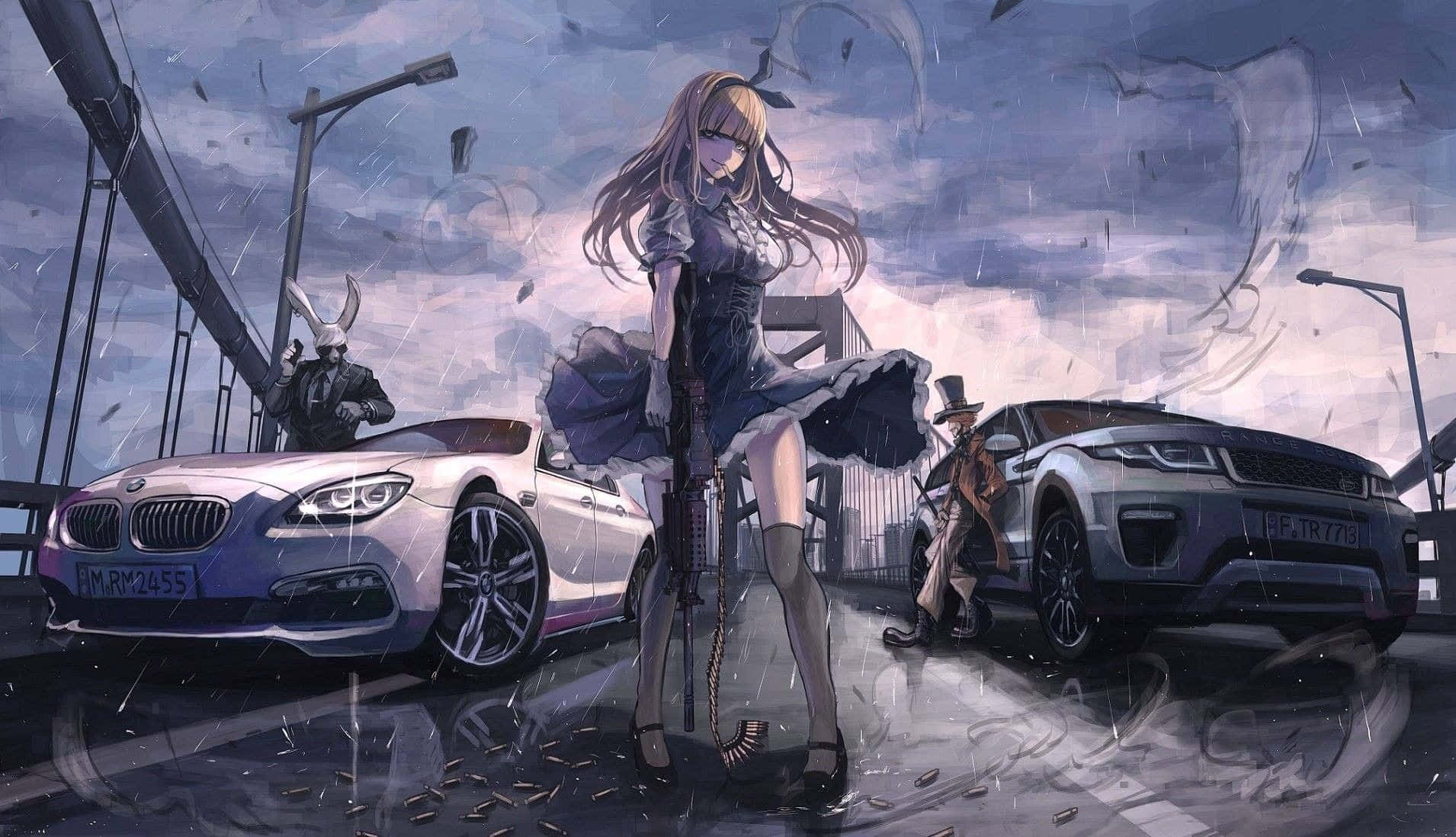 動漫車 桌布 壁紙 — 一個孤獨的長髮動漫女孩站在雨中橋上的兩輛豪華車之間，子彈飛舞，暴風雨背景中潛伏著人影。