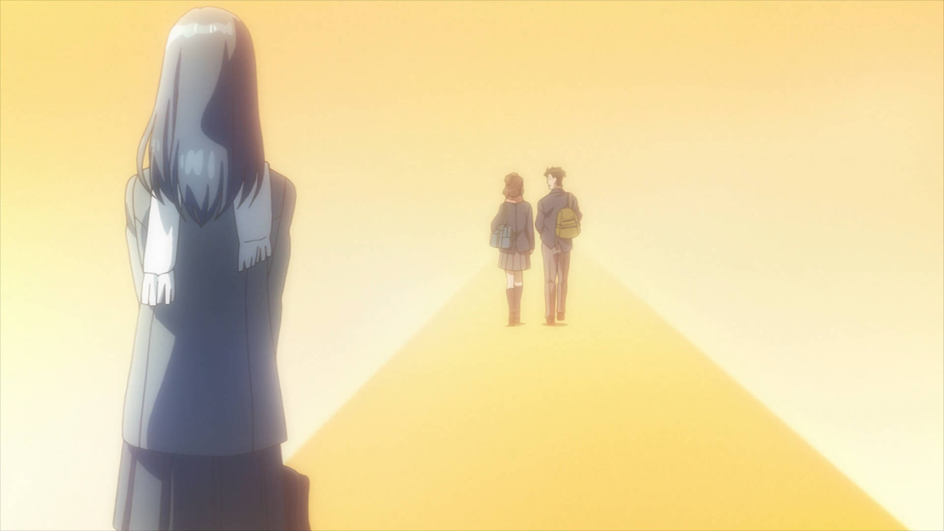 Parasyte 桌布 壁紙 — 一個孤獨的長髮女孩看著兩個學生沿著發光的金色小徑走開，在動漫場景中。
