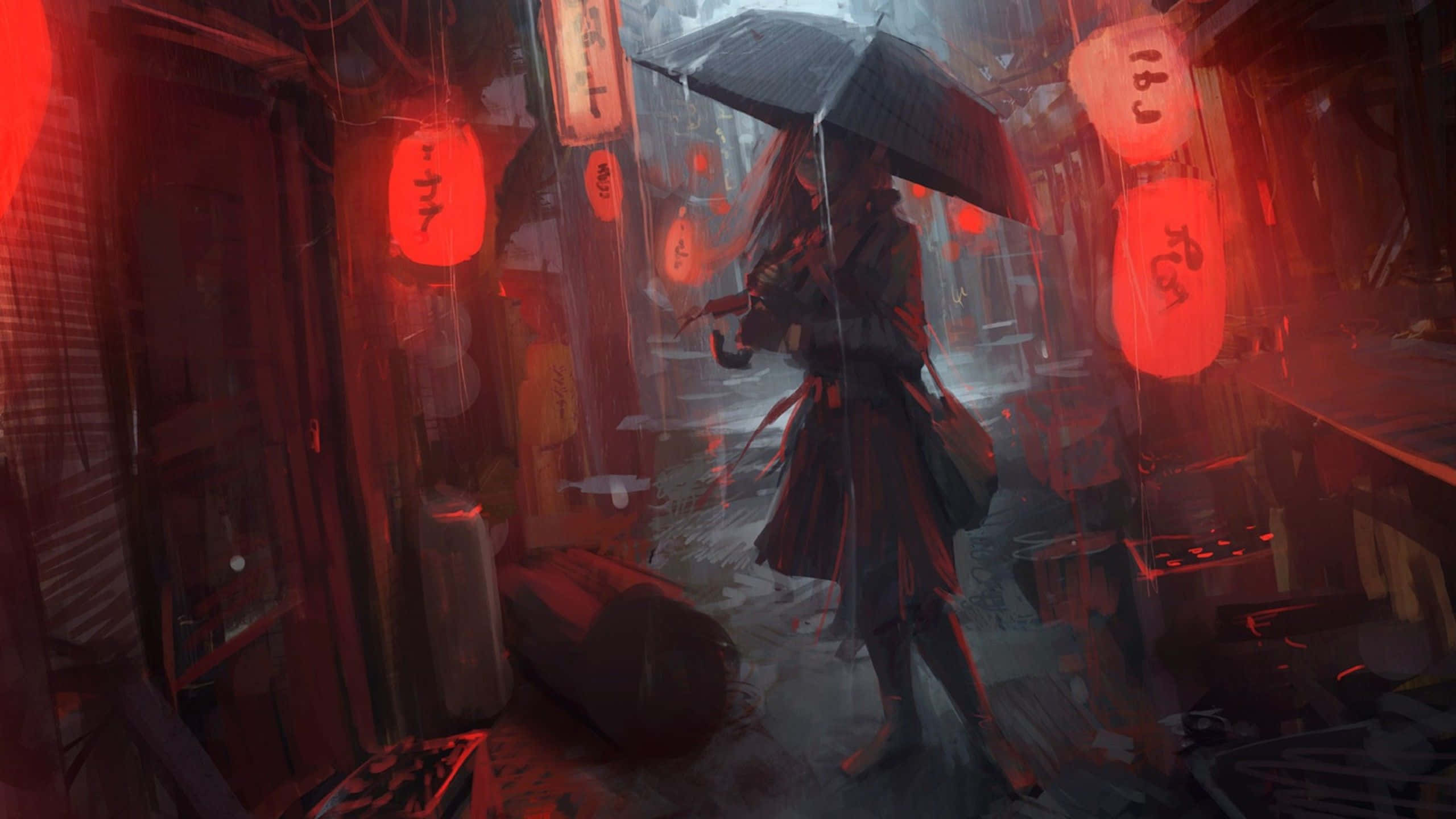 Rain Anime 桌布 壁紙 — 一個孤獨的長髮身影撐著黑傘走過雨中的小巷，周圍的紅色燈籠在濕漉漉的石頭上投下溫暖的光芒。