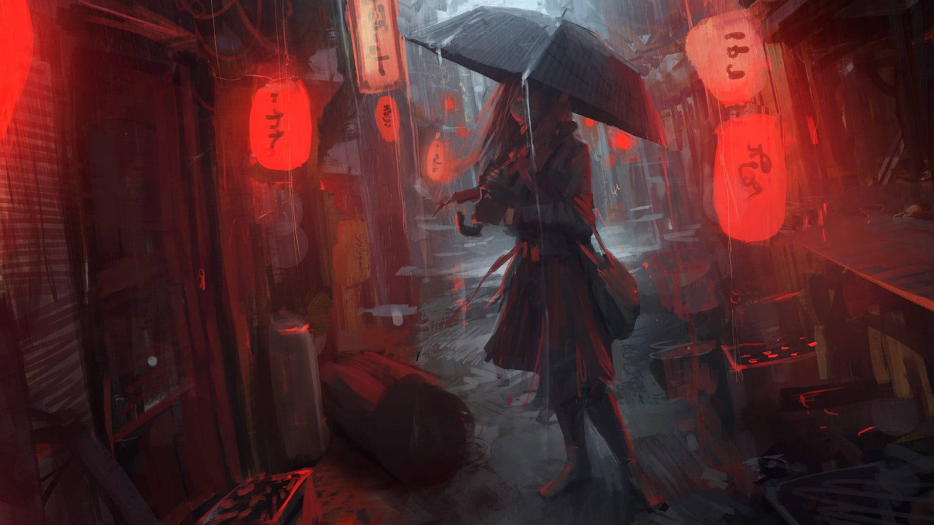 動漫角色 桌布 壁紙 — 一個孤獨的長髮身影撐著黑傘走過雨中的小巷，周圍的紅色燈籠散發溫暖光芒，映照在濕漉漉的石頭上。