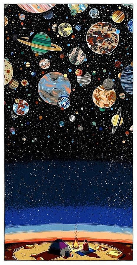 酷炫星系 桌布 壁紙 — 一個孤獨的露營者坐在營火旁，頭上是充滿色彩繽紛行星和星星的充滿活力的宇宙天空。
