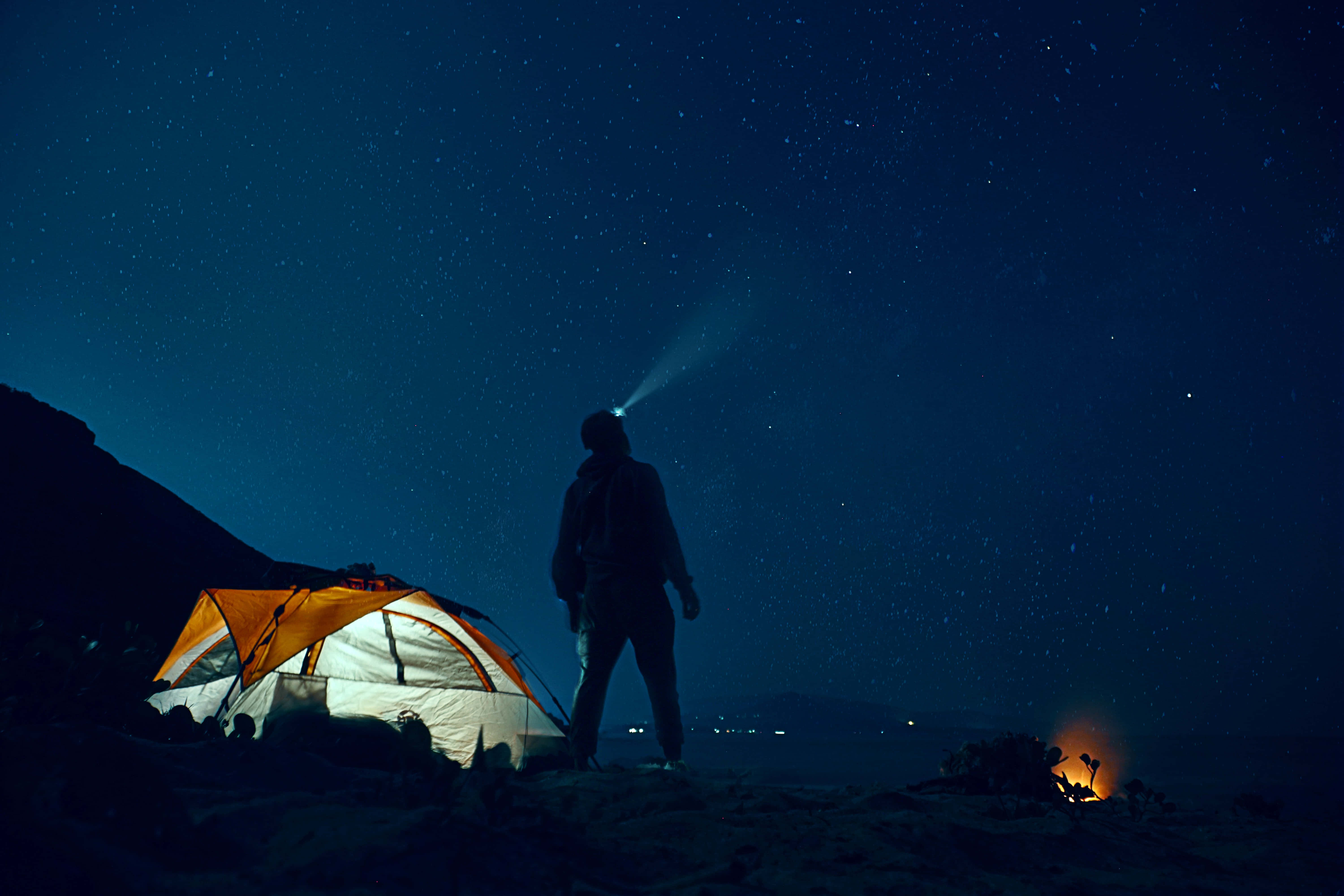 Camping 桌布 壁紙 — 一個孤獨的露營者戴著頭燈，站在星空下營火附近發光的帳篷旁。