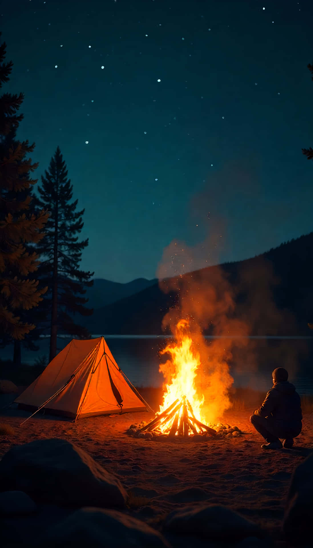 Campfire Night 壁紙 — 一個孤獨的露營者跪在湖邊帳篷附近、星空下熊熊燃燒的營火旁。