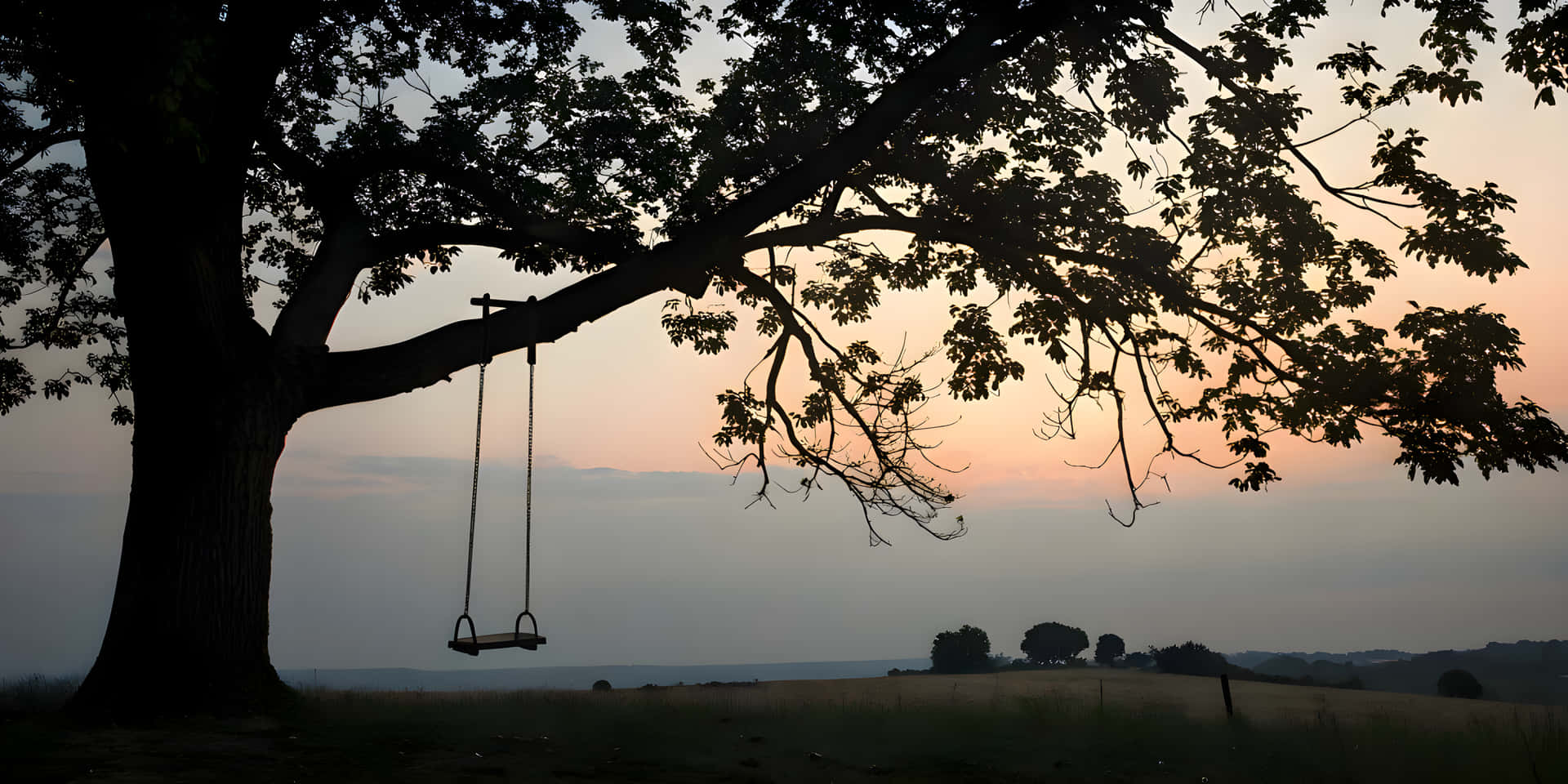 Silhouette of a tree 壁紙 — 一個孤獨的鞦韆掛在一棵大樹上，在寧靜田野上柔和的粉紅和橙色日落中形成剪影。